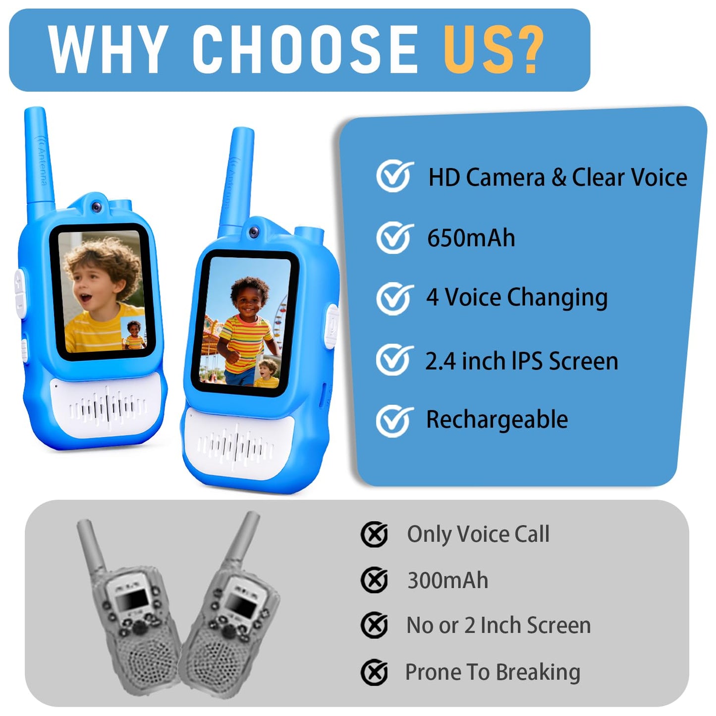 Lapare Video Walkie Talkies for Kids, 2 Pack Rechargeable Walkie Talkies with HD Color Screen, Real-time Video, Outdoor Camping Toys & Birthday Gifts for Boys Age 3-8