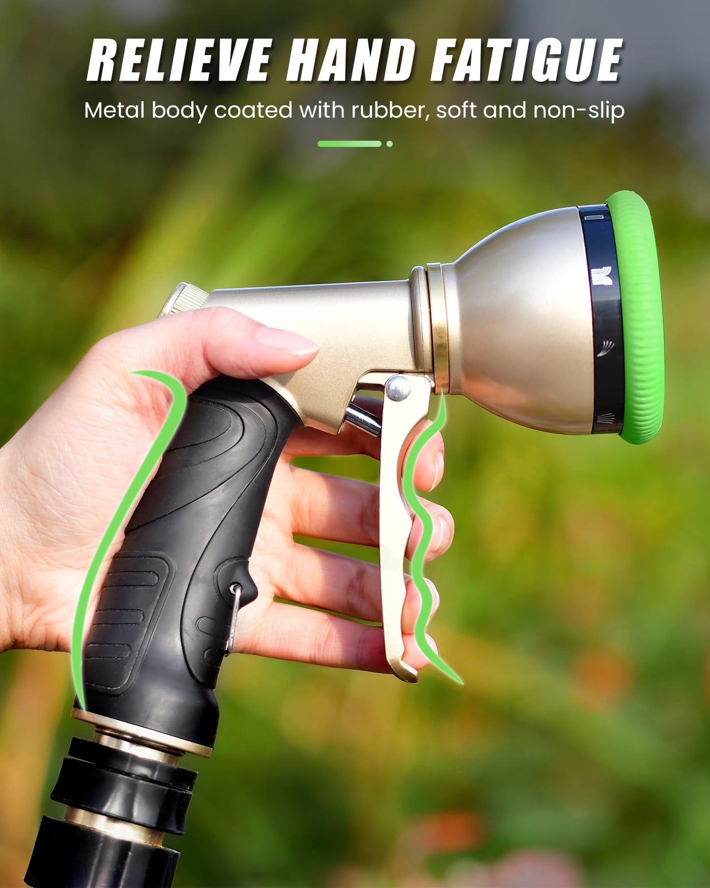 RAINPOINT Garden Hose Nozzle, Heavy Duty Metal Hose Sprayer Nozzle, 9 Adjustable Spray Patterns, High Pressure Hose Sprayer for Watering Plants, Lawns, Car and Pet Washing (Green)