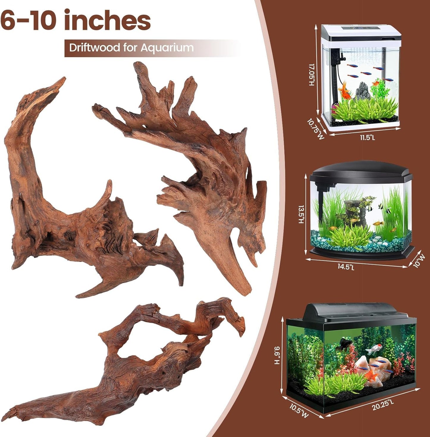 Hiwzitar 3-Piece 7-11 Inches Natural Aquarium Driftwood Decorations - Aquascape Decor for Fish Tanks, Betta Hideouts, Reptile Enclosures & Plant Attachment