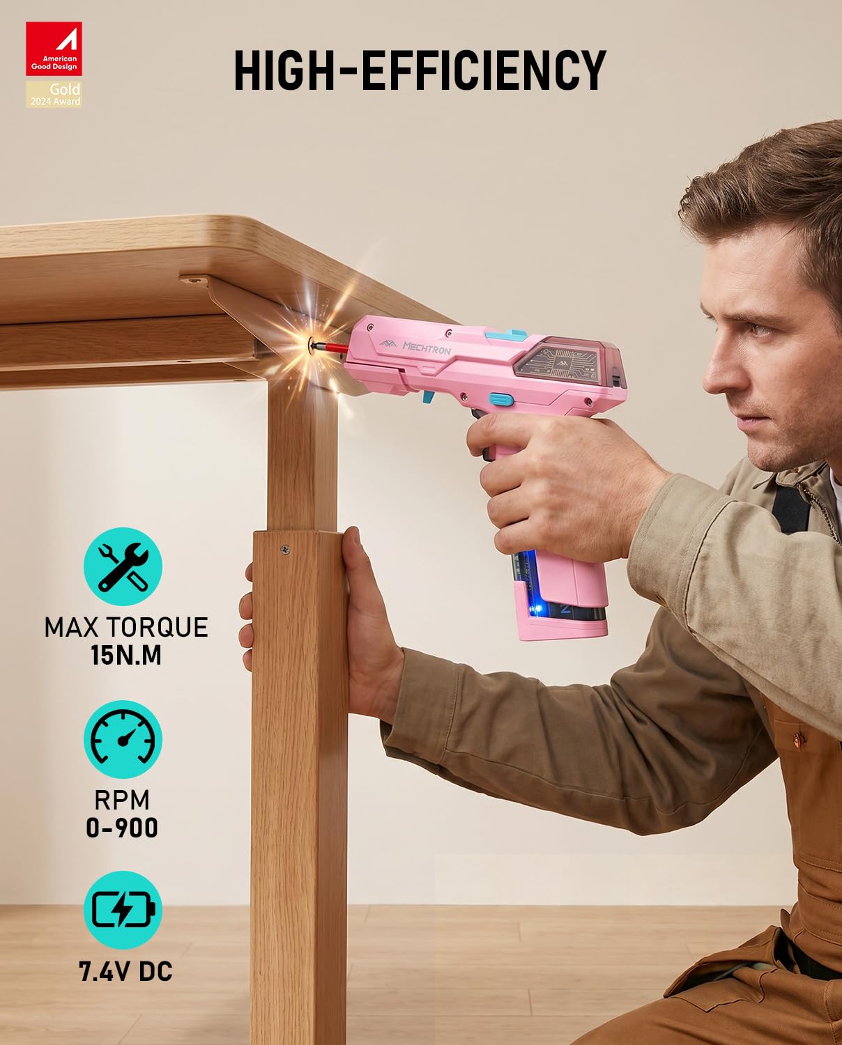 CIOURSTO Electric Screwdriver Cordless Drill with 2000mah Replaceable Battery and Charger Quickly USB-C, Max 15N.m, 2 Speed Adjustable, Power Drills for Furniture Assembly Disassembly (Pink)