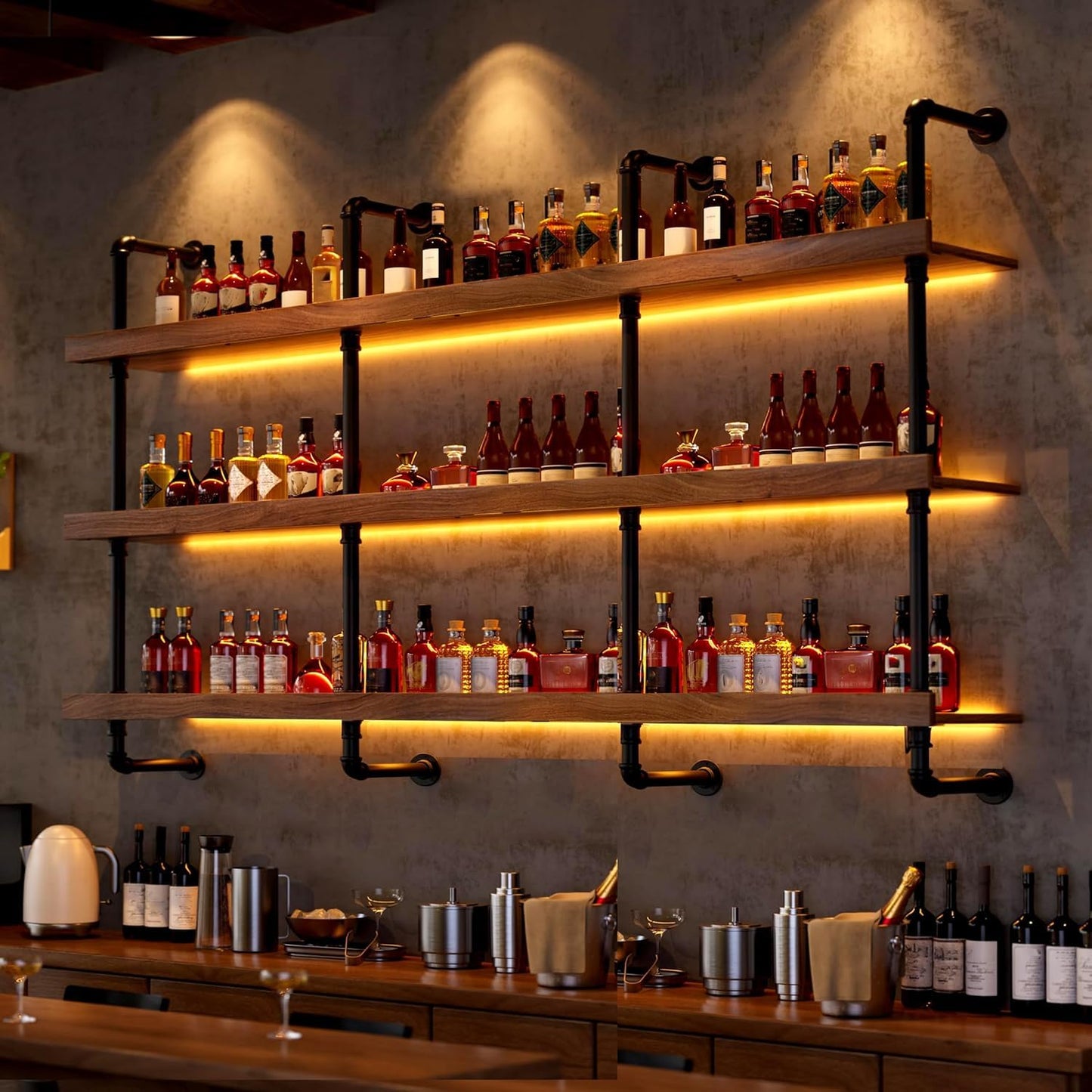 Dawselod 62.9in Large Wine Rack with LED Light Solid Wood Wall Mounted Wine Rack, 3-Tiers Liquor Bottles Floating Shelves Display Storage Organizer for Home Bar & Dining Room (160cm/62.9in)