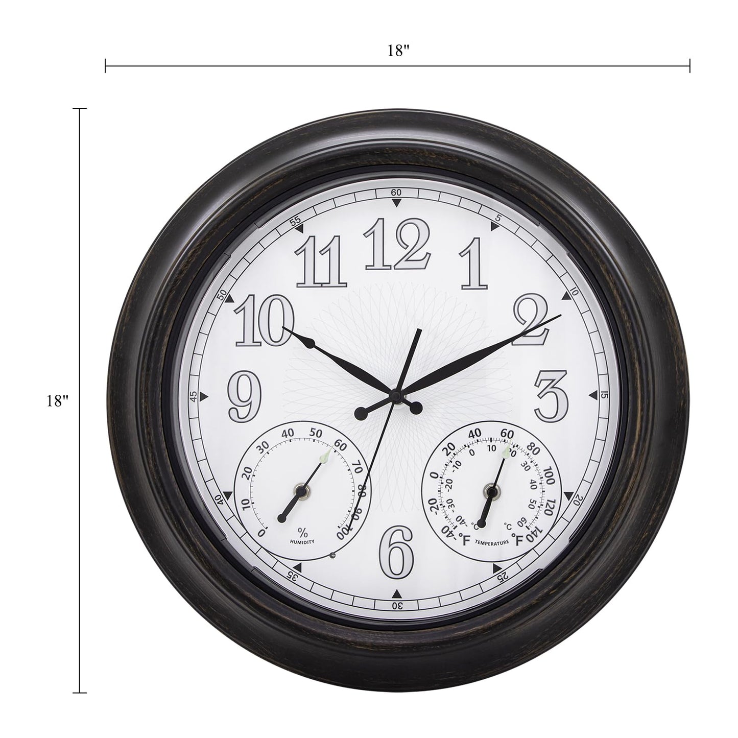 NESIFEE 18 Inch Illuminated Indoor Outdoor Clock Waterproof with Thermometer Hygrometer Smart Sensor Large Black Metal Wall Clocks Battery Operated for Patio, Garden, Living Room, Bedroom, Pool, Porch