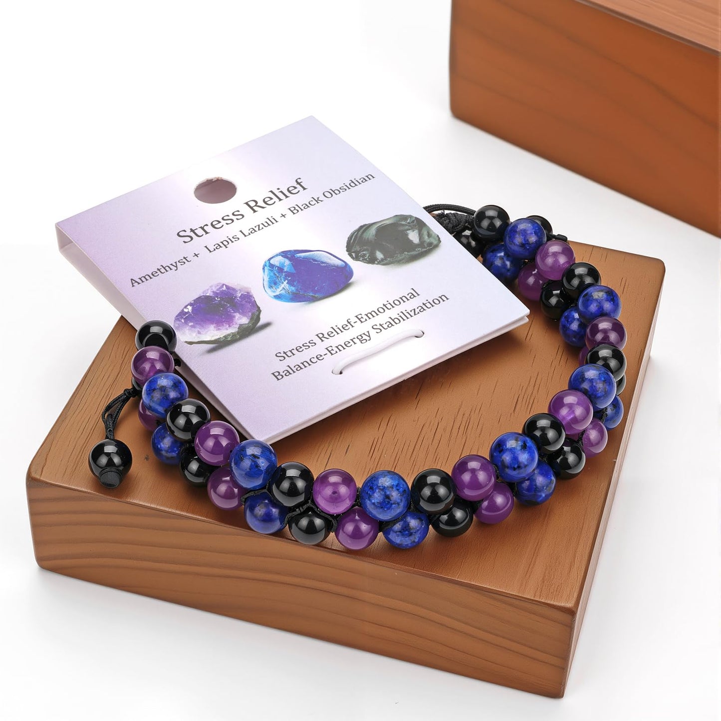 Raicegs Stress Relief Bracelet Natural Stones Amethyst Lapis Lazuli Black Obsidian Beaded Bracelet for Men Women Healing Crystal Bracelet
