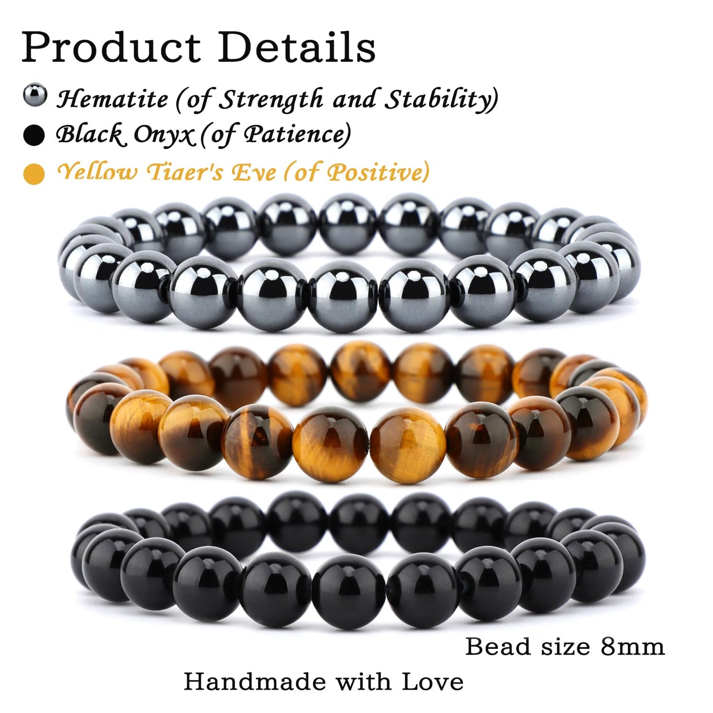 NCB 3-Piece 8mm Natural Crystal Gemstone Stretch Bracelets – ﻿Black Onyx, Hematite, Yellow Tiger's Eye Handmade Reiki Energy Healing Jewelry for Meditation,Yoga, Unisex