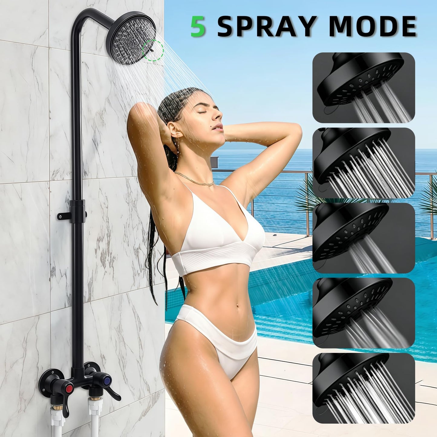 Dbbsfst Outdoor Shower Kit Dual Handle Extendable Exposed Pipe Outdoor Shower Fixtures System with ABS 5 Spray Mode Settings Showerhead Solid Brass 4 Inch Center Mix Valve Matte Black