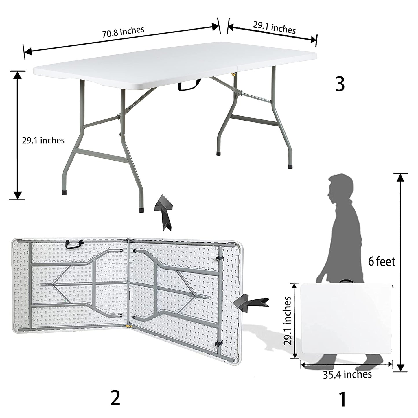 Go-Trio 6 Foot Folding Table 6ft Foldable Portable Plastic Tables for Party, Fold-in-Half Heavy Duty Table, 6’ Utility Dining Card Long Table, Indoor Outdoor Fold up for Picnic, Camping, White, Large