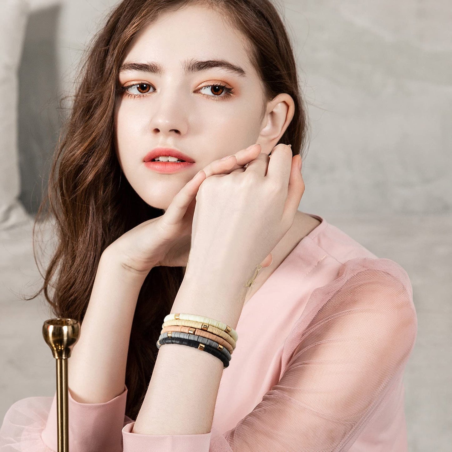 GOOJIDS Surfer Heishi Clay Bead Bracelets for Women Bohemian Stackable Gold Plated Beaded Stretch Bracelets Elastic Layering Friendship Bracelets Set Boho Jewelry