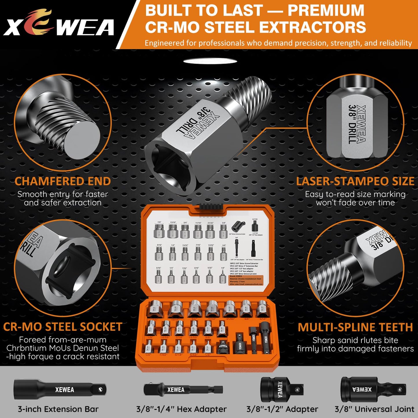 XEWEA 22PCS 3/8" Drive Screw Extractor Set, Multi-Spline Easy Out Bolt Remover Kit for Stripped Broken Bolts, Nuts & Screws, Heavy-Duty CR-MO Extraction Tools with Extension & Adapter Accessories