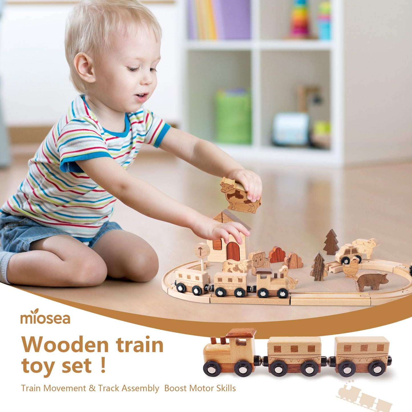 Miosea 32PCS Wooden Train Set for Toddlers, 10.6 by 8.66 Inch Compact Size Double-Side Tracks Expandable Montessori Toys Compatible with Educational Fine Motor Skills Toy for 3 Year Old Boys Girls