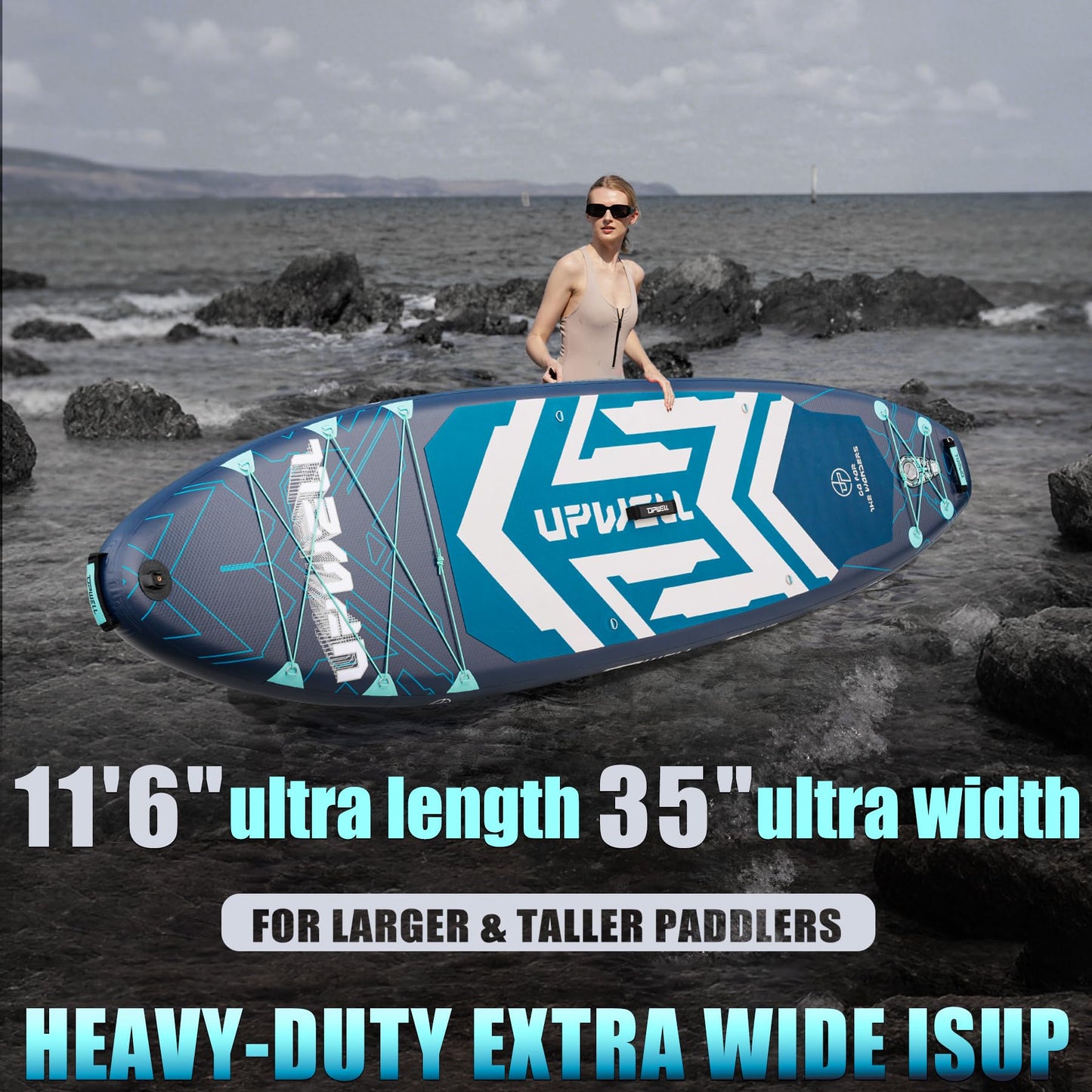 UPWELL 11'6"×35" Extra Wide Inflatable Paddle Board, Stand Up Paddle Board, Sup Paddle Boards for Adults, Chipmech Blue