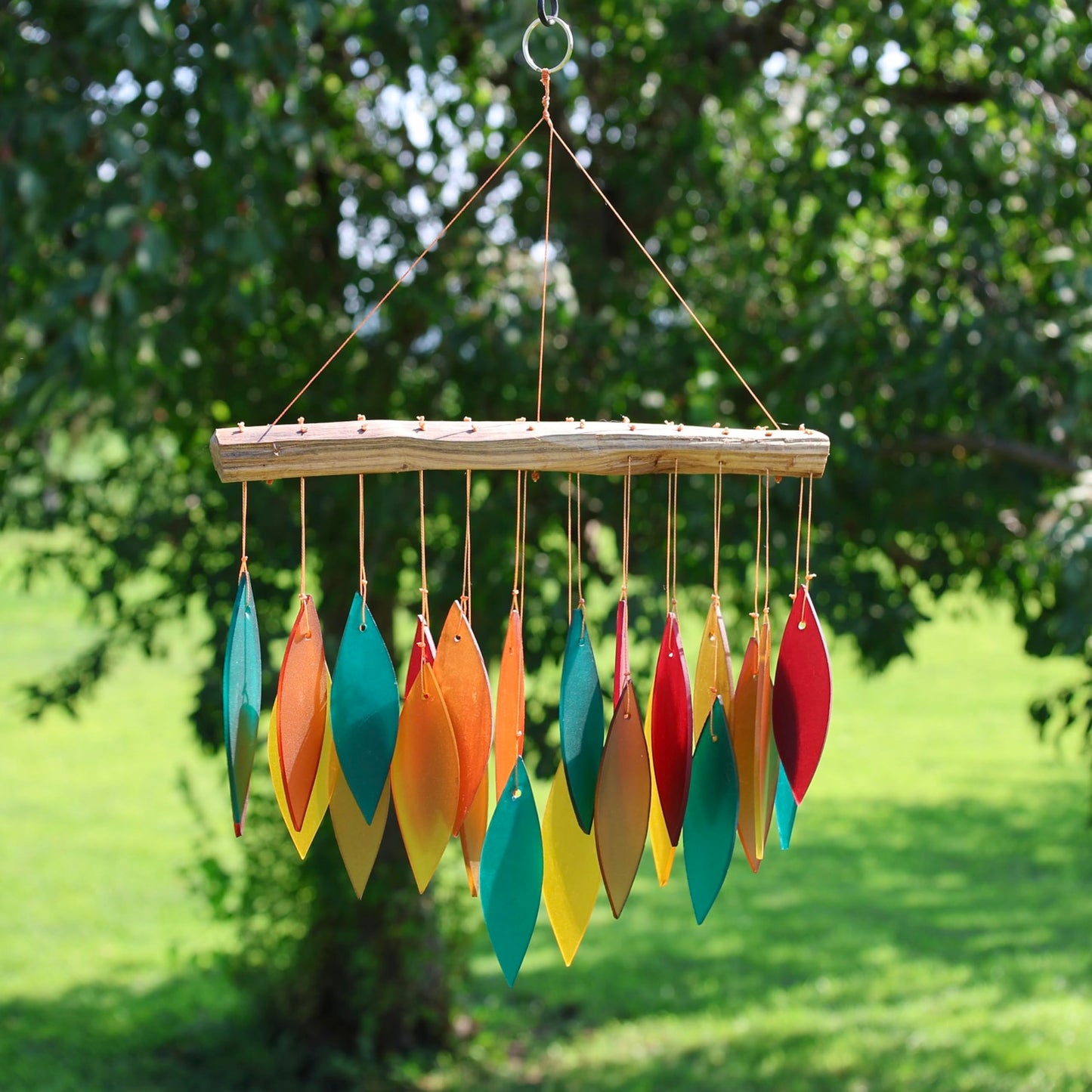 Blue Handworks Santa Fe Glass Chime, Sandblasted Glass and Found Wood Handcrafted Wind Chime
