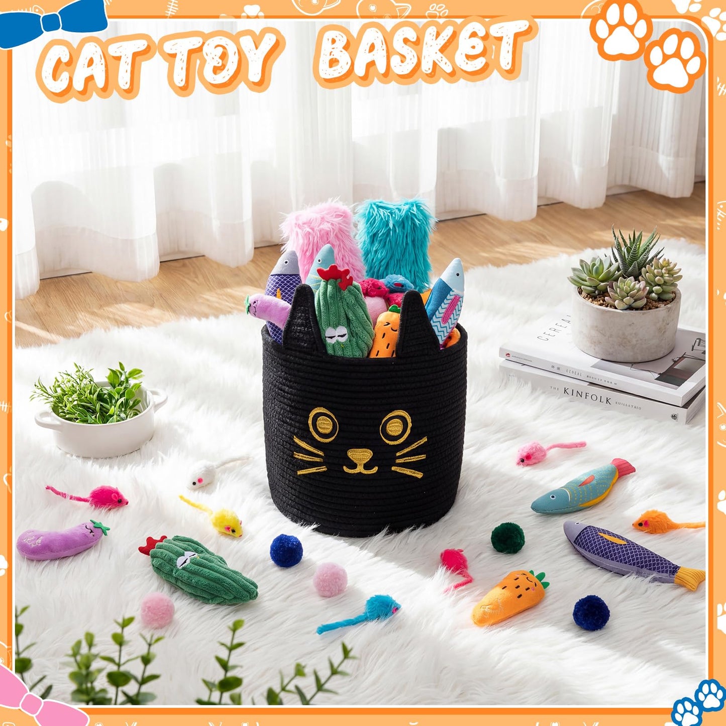 Leitee 20 Pcs Mother‘s Day Cat Storage Basket Gift Toys Bulk Set Cute Cotton Rope Basket, Fish Pillows Plush Balls Mice Toys Vegetable Cactus-Shaped for Pet Gifts, 9.8 Inch