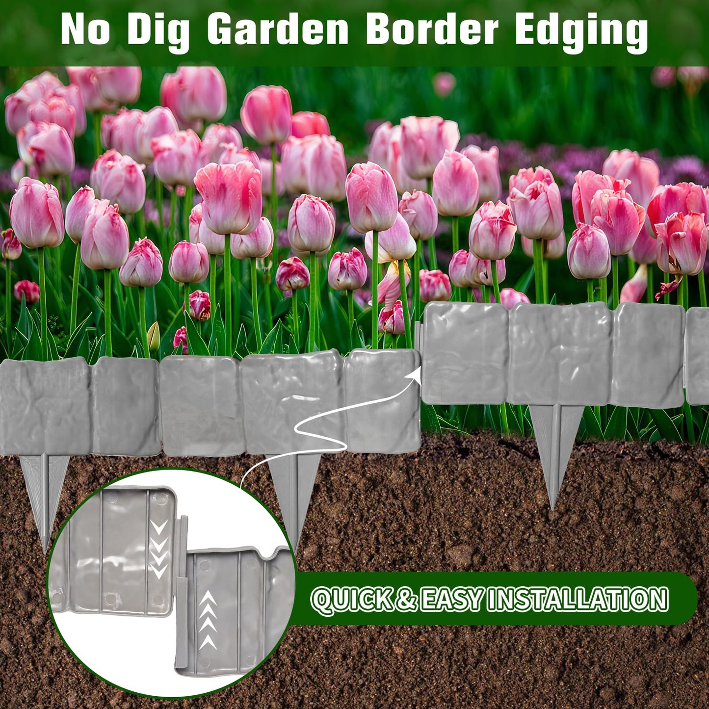 Garden Landscape Edging Borders No Dig,Lawn Edging for Landscaping,Interlocking Lawn Edging,Plastic Fencing Lawn Border,Imitation Stone Fence for DIY Outdoor Patio Balcony Yard Landscaping (40, Gray)