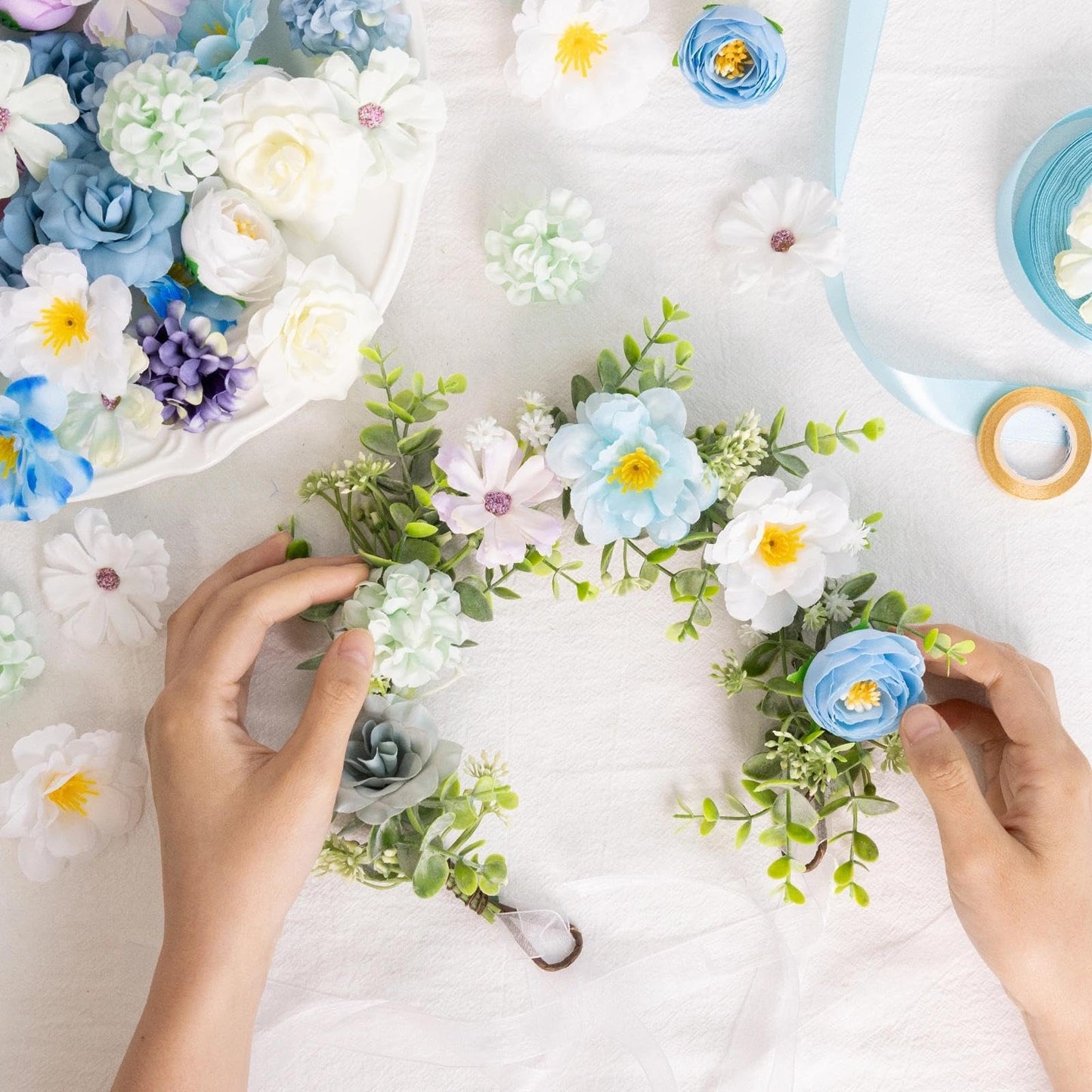 ATTGREAT Fake Flower Heads Mini Silk Flowrs Bulk Small Flower 3D Loose Faux Daisy Rose Sunflowers Plum Blossoms Craft for Wedding Party Cake Baby Shower Home Decor, 110Pcs(Blue)