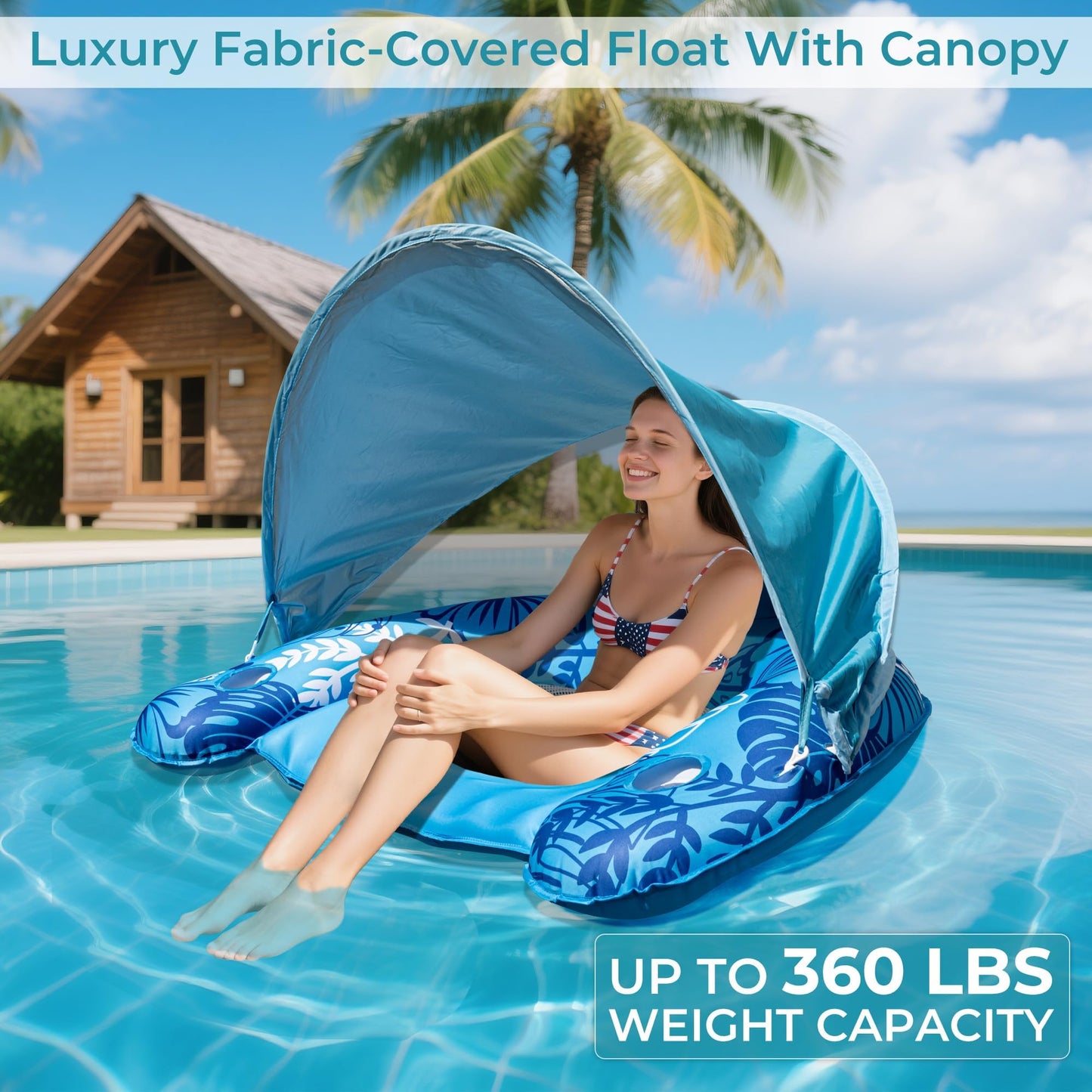 Inflatable Fabric Covered Pool Float Adult with UPF50+ Sunshade Canopy & Cup Holders,Large Water Lounger Float Recliner Chair for Pool Party Lake Beach