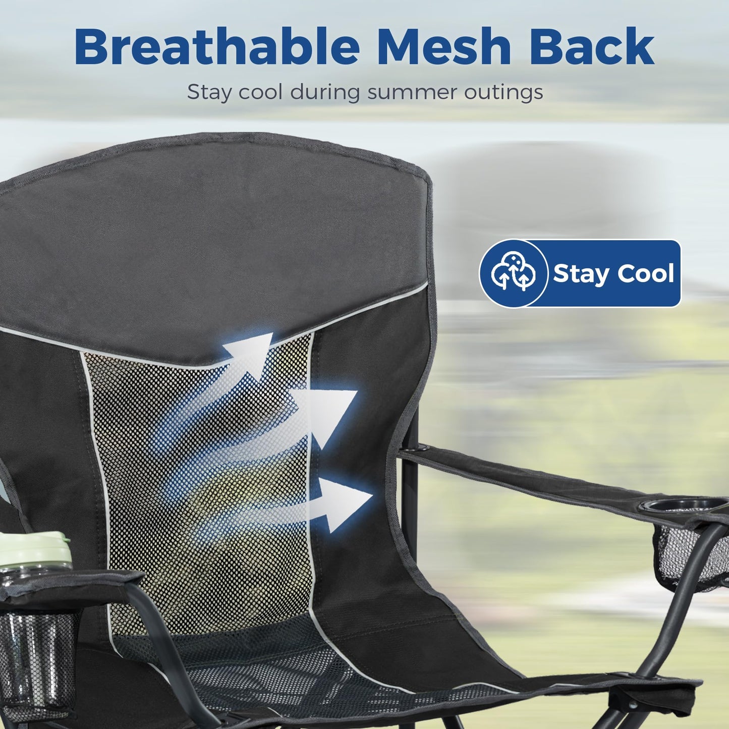 Matrasco Outdoor Camping Chair 2-Pack with Mesh Back, Folding Portable Lawn Chairs with Cup Holder & Side Storage Pocket for Camping, Beach, Picnic, Fishing(Black)