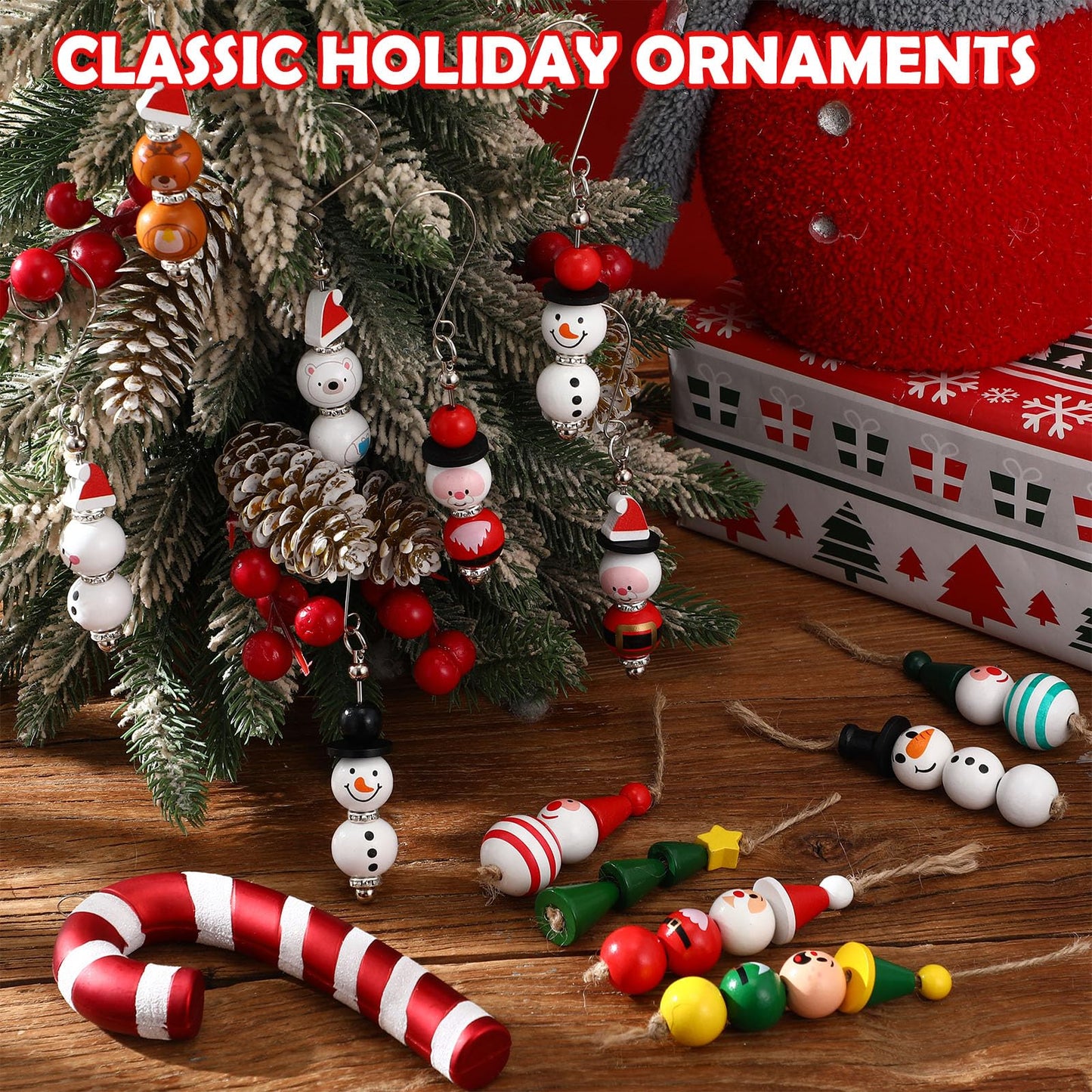 Ferreve 195 Pcs DIY Christmas Beads Ornaments Kits with Twine Beadable Blank Christmas Tree Hangers Elk Snowman Elf Wooden Bead for Xmas Tree Hangers Garland Crafts Winter Party Farmhouse Home