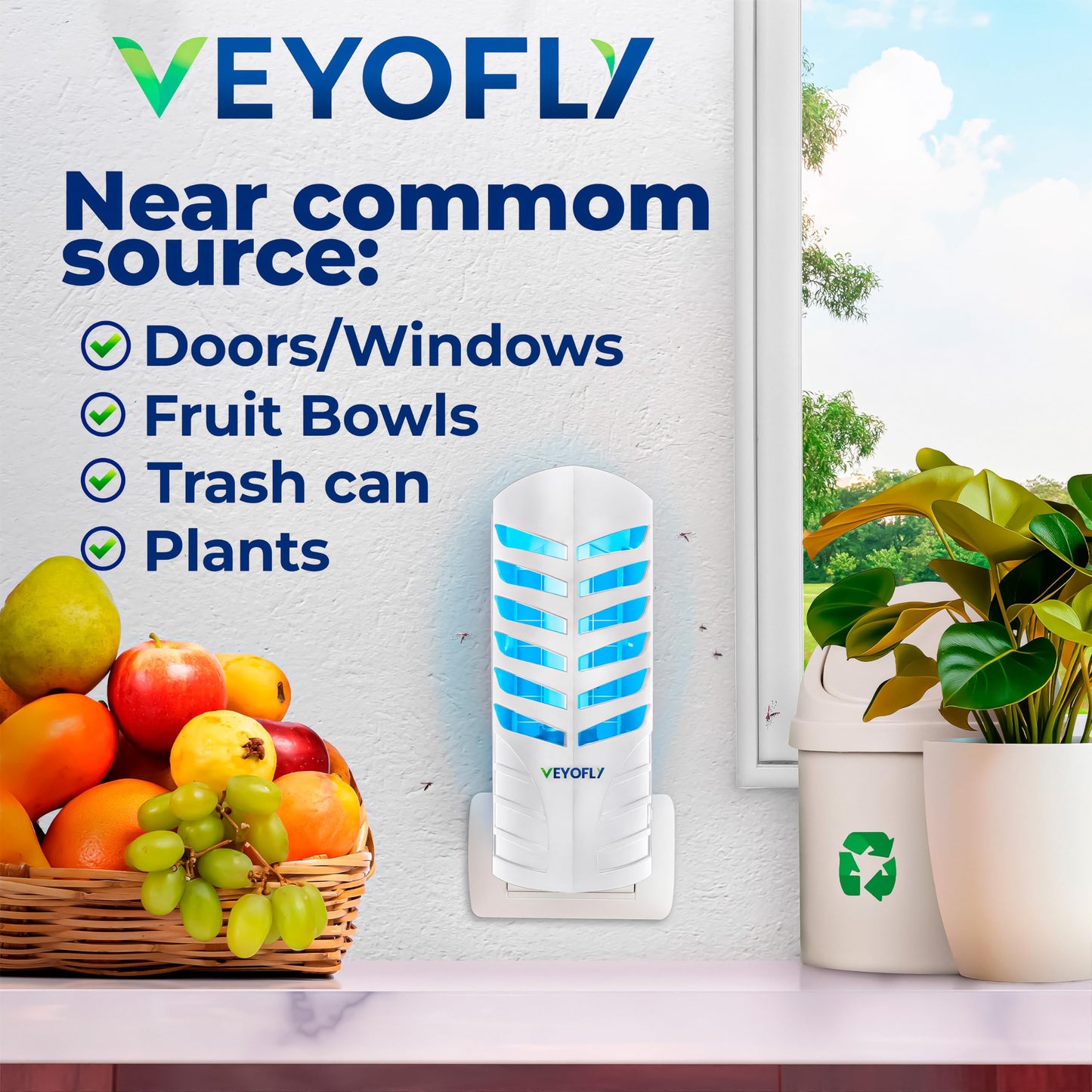 VEYOFLY Fruit Fly Trap Indoor (1 Device + 3 Refills), Gnat Catcher, Plug-in Light Insect Trap for House, Bug Killer