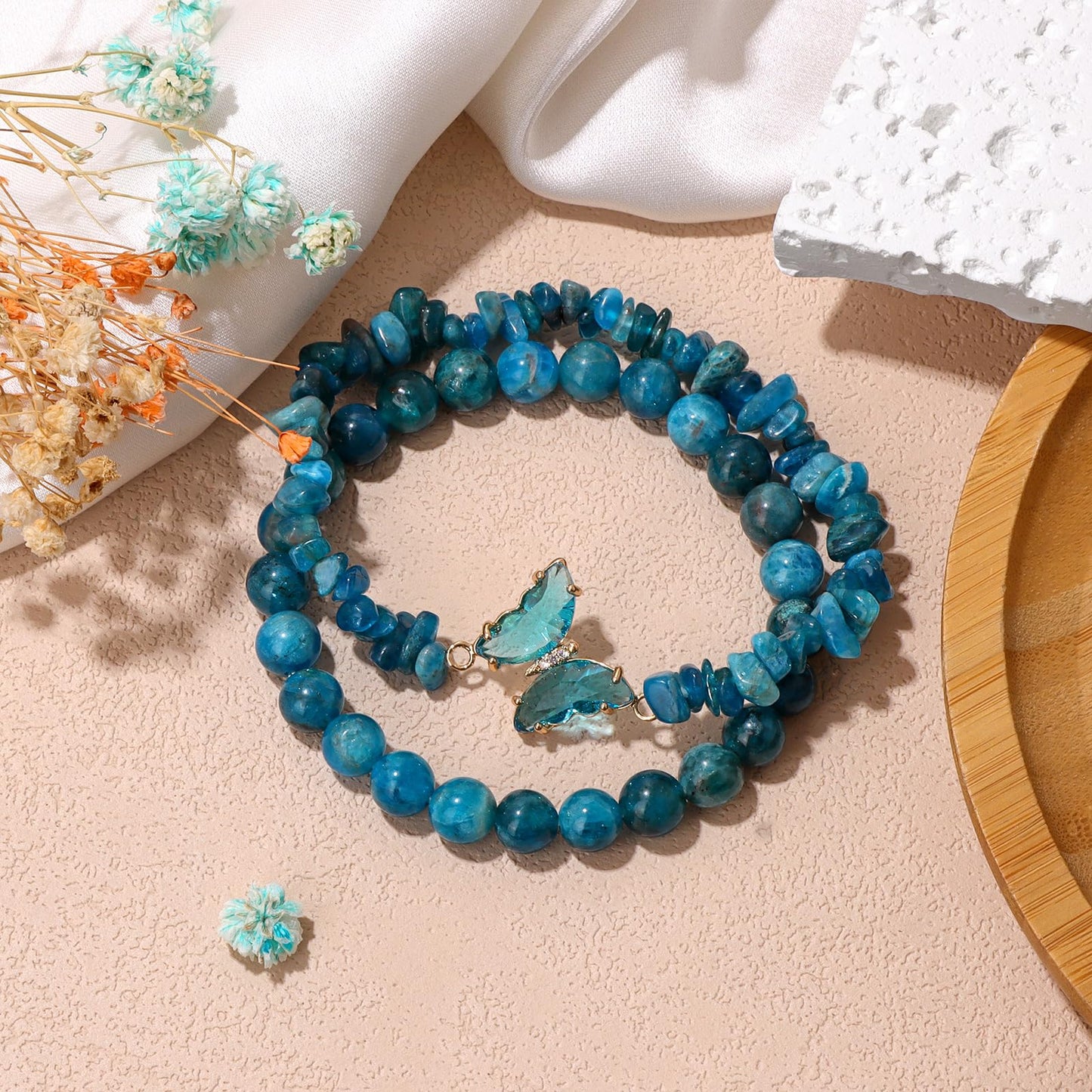 GolbalJew Apatite Stone Bracelet for Women Healing Crystal Stones Bracelets Blue Gemstone Beads Stretch Bracelet Butterfly Charms Jewelry Women Gift