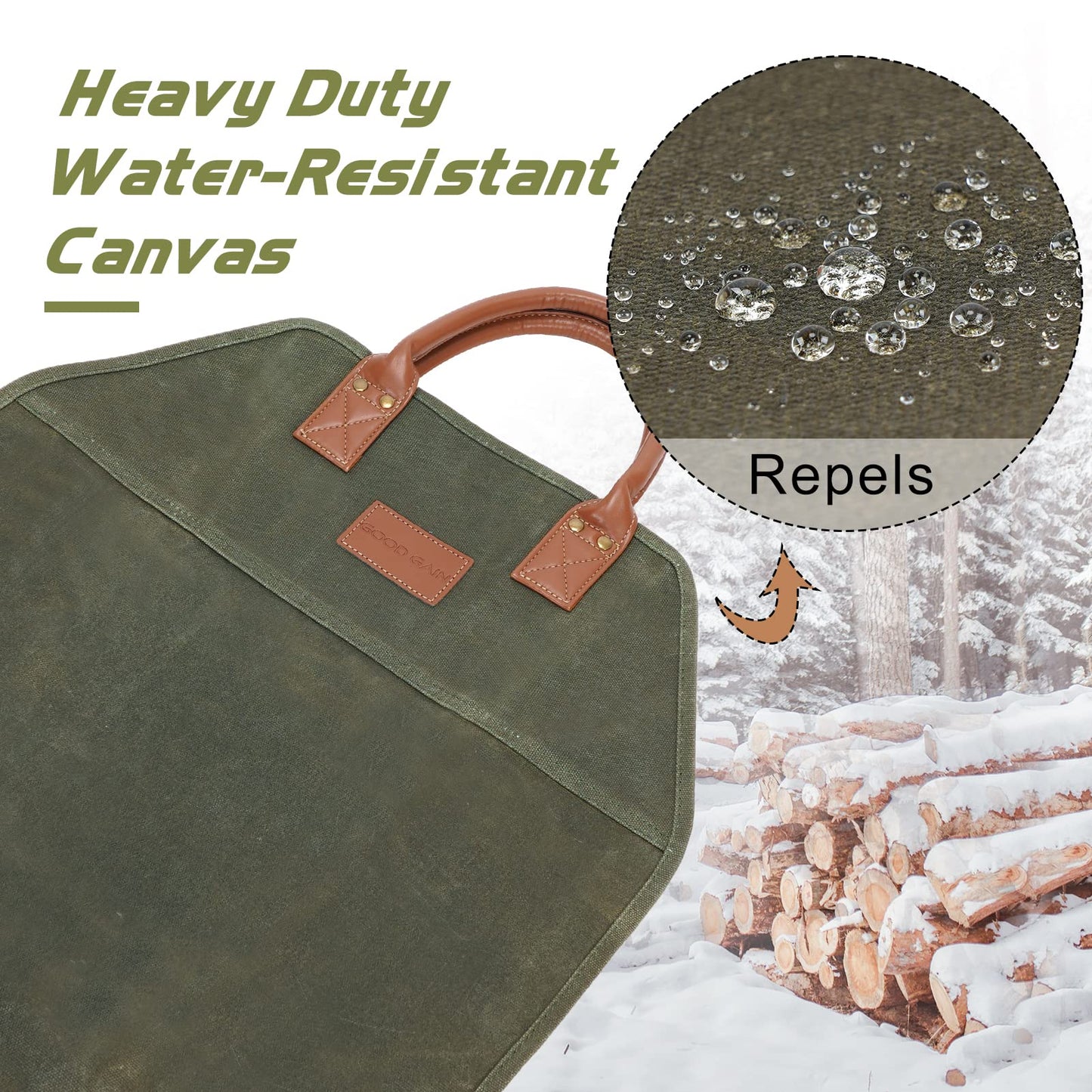 GOOD GAIN Firewood Carrier Waxed Canvas with Handles, Wood Carrier for Firewood, 36x18.5 Inch Heavy Duty Firewood Storage Tote, Fireplace Log Carrier Indoor Bag, Wood Stove Accessories. Green