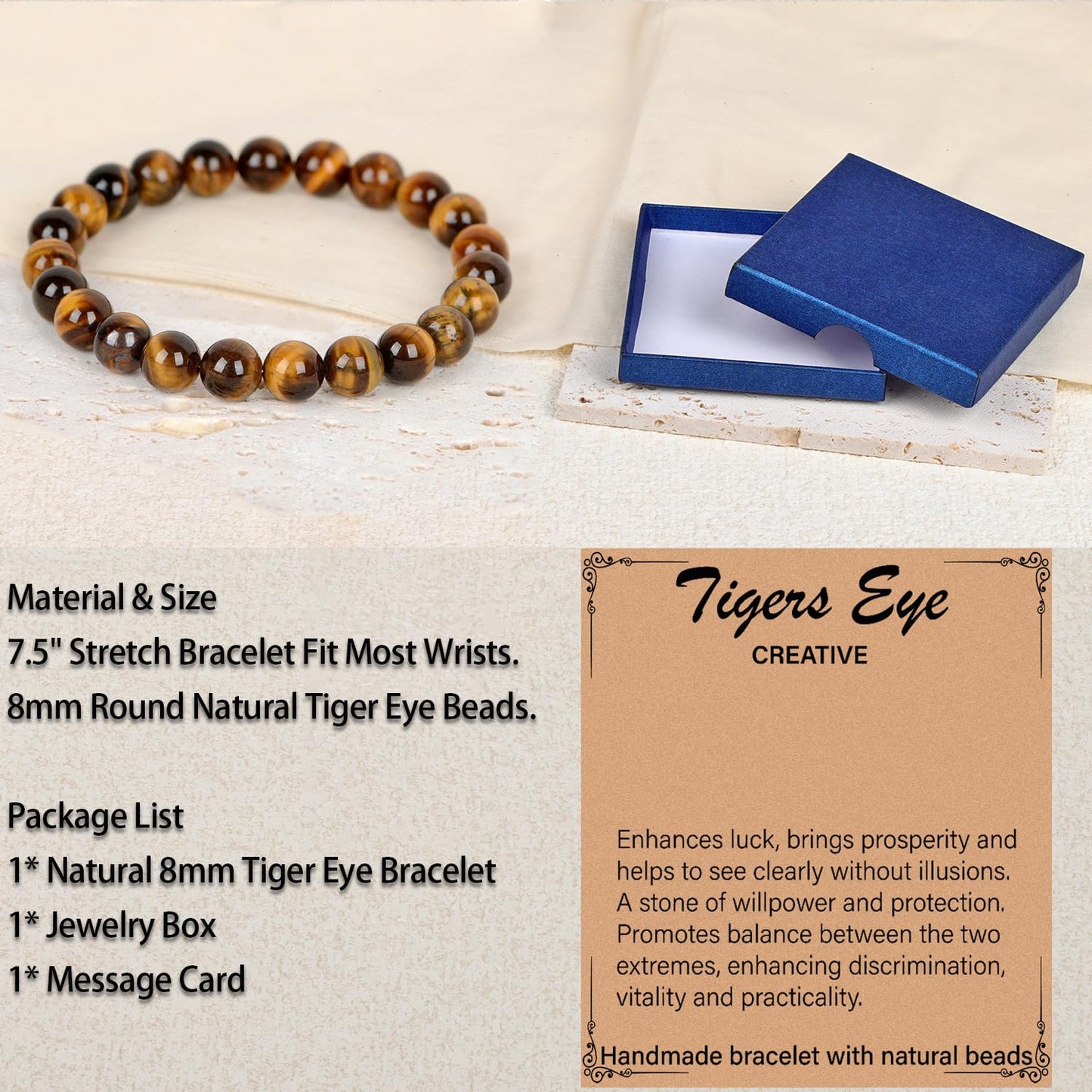 LPBeads Handmade Natural Gemstone Stretch Elastic 8mm Yellow Tiger's Eye Bracelet Healing Crystal Round Stone Beads Jewelry Gifts for Women Men