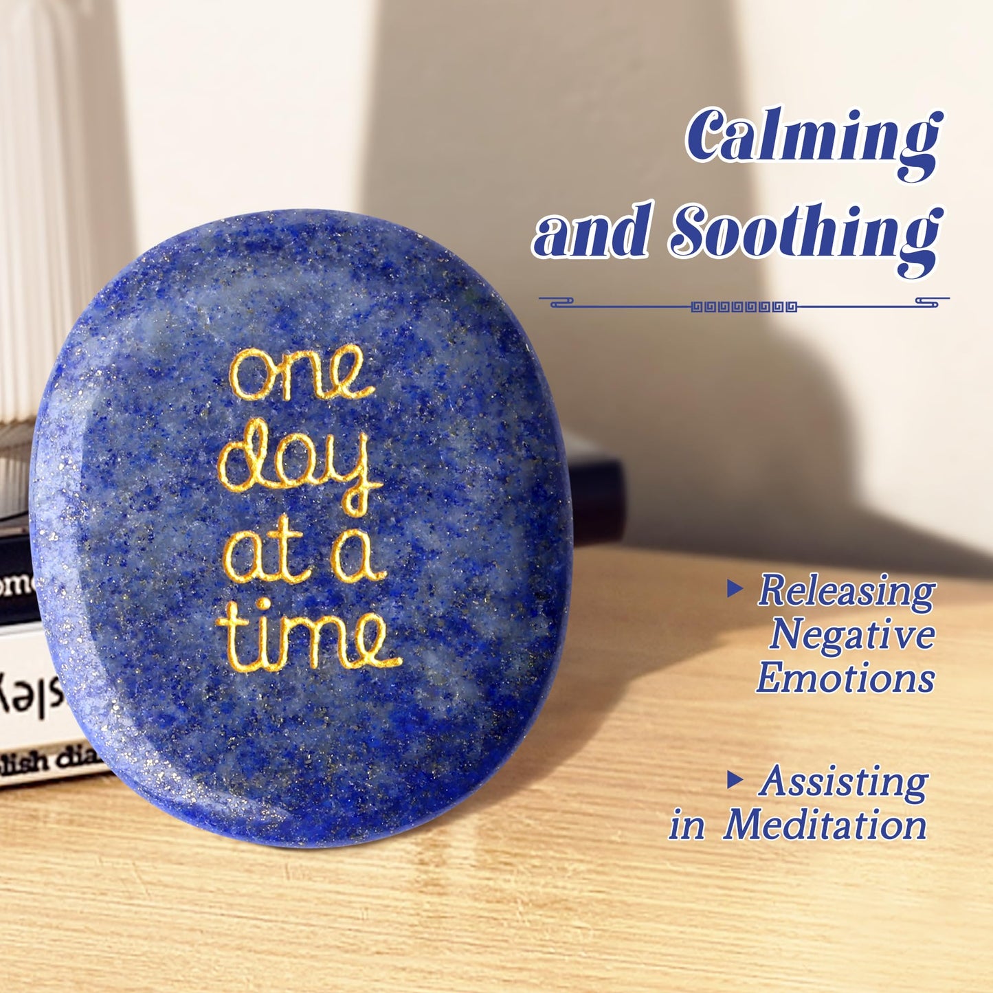 QINJIEJIE One Day at A Time Lapis Lazuli Worry Stone Healing Crystal Thumb Stones Thinking of You Gifts for Anxiety Relief Items You Got This Inspirational for Friend Encouragement Gift for Women Men