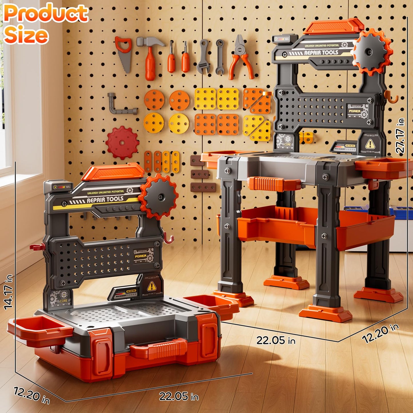 KIZONLY Kids Tools Toy Sets for Aged 3 4 5 6 7 8, 2 in 1 Workbench Toys for Toddlers 3-5, Pretend Play Toolbox, Construction Mechanic Set with Sound, Educational Birthday Gift for Boys Girls Ages 3-8