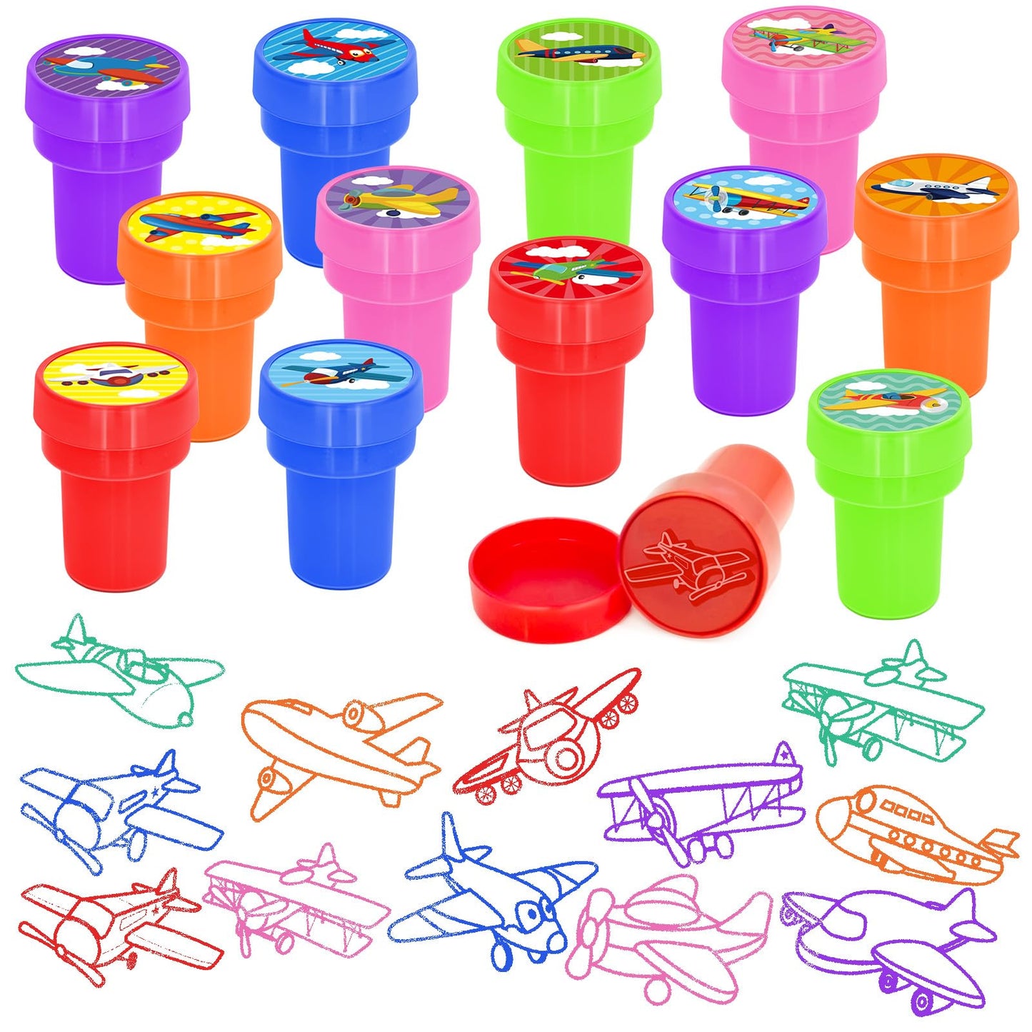 Cinrobiye 24 Pcs Airplane Stampers for Boys Girls, Aviation Party Supplies Favors, Classroom Rewards, Carnival Prizes, Goody Bag Pinata Fillers for Let’s Fly Travel Party