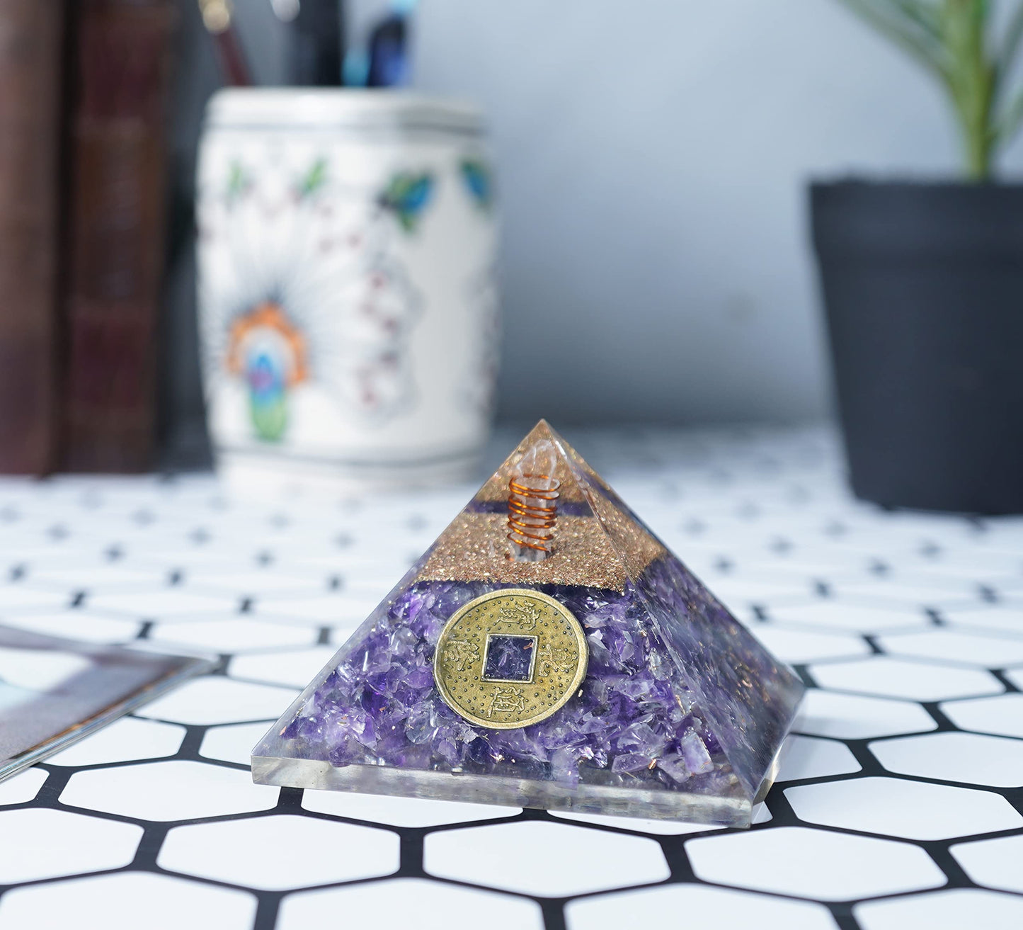 "55mm orgone pyramid Amethyst protection crystals reiki supplies healing stones, organite pyramid for good luck gift for women men gemstone crystal chakra charm orgone generator orgonite collection"