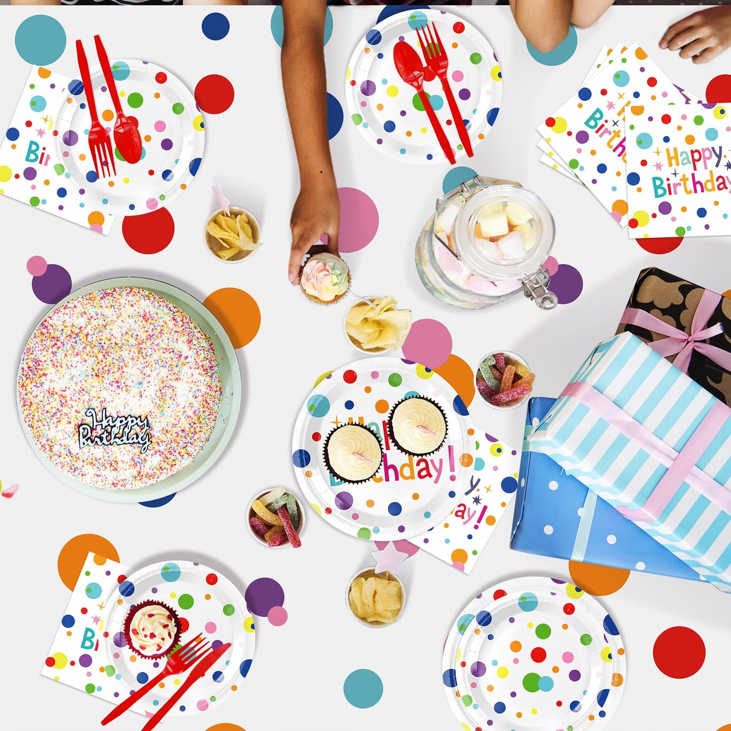 Happy Birthday Decorations – 226pcs Colorful Polka Dots Birthday Party Supplies Set with Plates, Napkins, Cups, Tablecloth, Banner, Balloons & Honeycomb Centerpieces, Serves 25