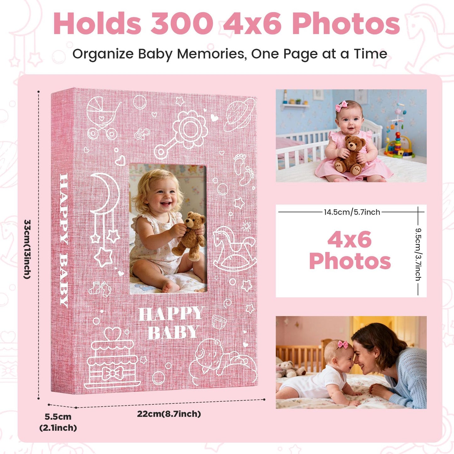 Yatosally Baby Photo Album 4x6 300 Pockets with Memo Area, Photo Stickers & Hand and Footprint Kit, Linen Cover Baby Memory Book with Front Window, First Year Keepsake for Newborn Boy Girl