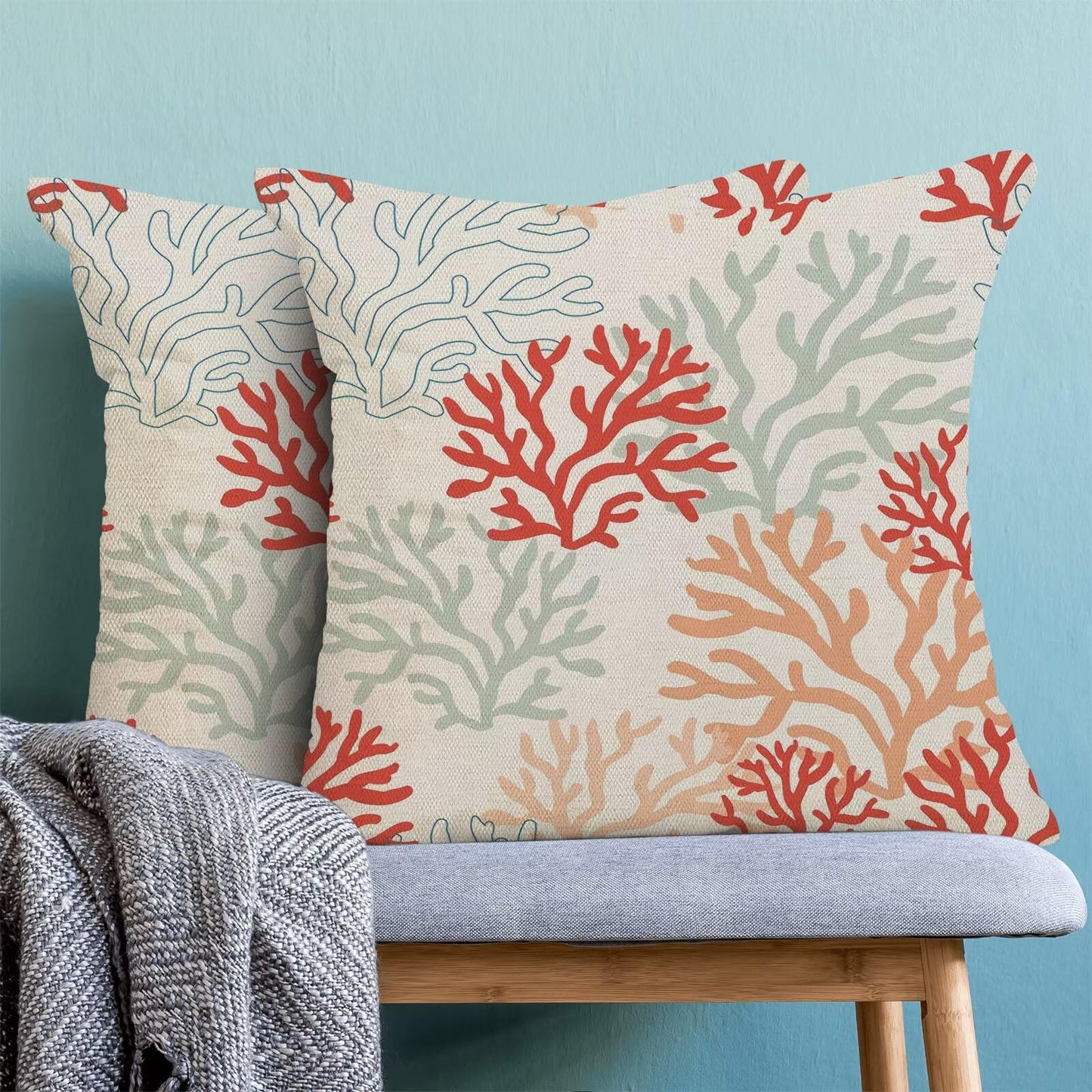 Coastal Ocean Pillow Covers 16x16 Inch Set of 2, Summer Sea Coral Teal Outdoor Decorative Nautical Beach Throw Pillows Summer Coastal Couch Cushion Case for Chair Sofa Bedroom Living Room Decor