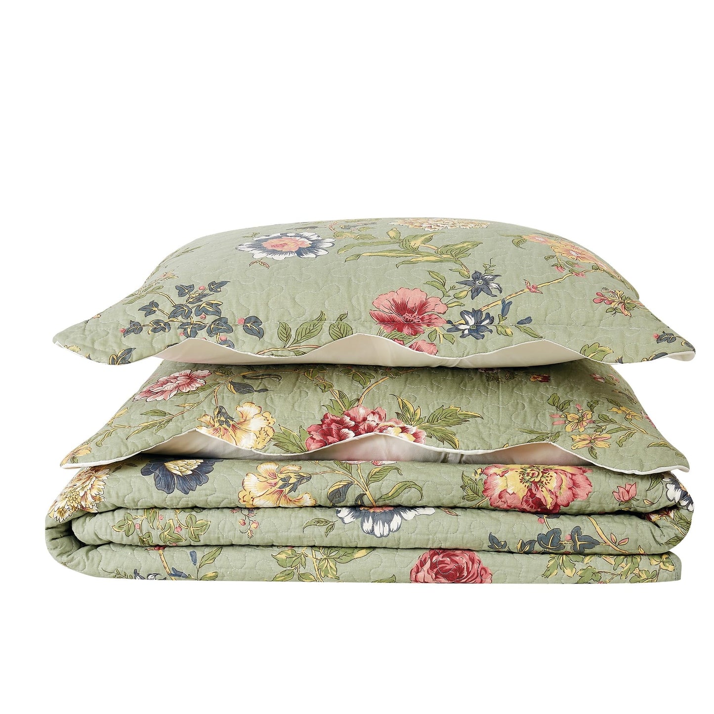 American Traditions Lifestyles Edens Garden 100% Cotton Quilt with 2 Shams, Full/Queen, Green, Floral Themed, for Men and Women, Oeko-TEX Certified Confidence