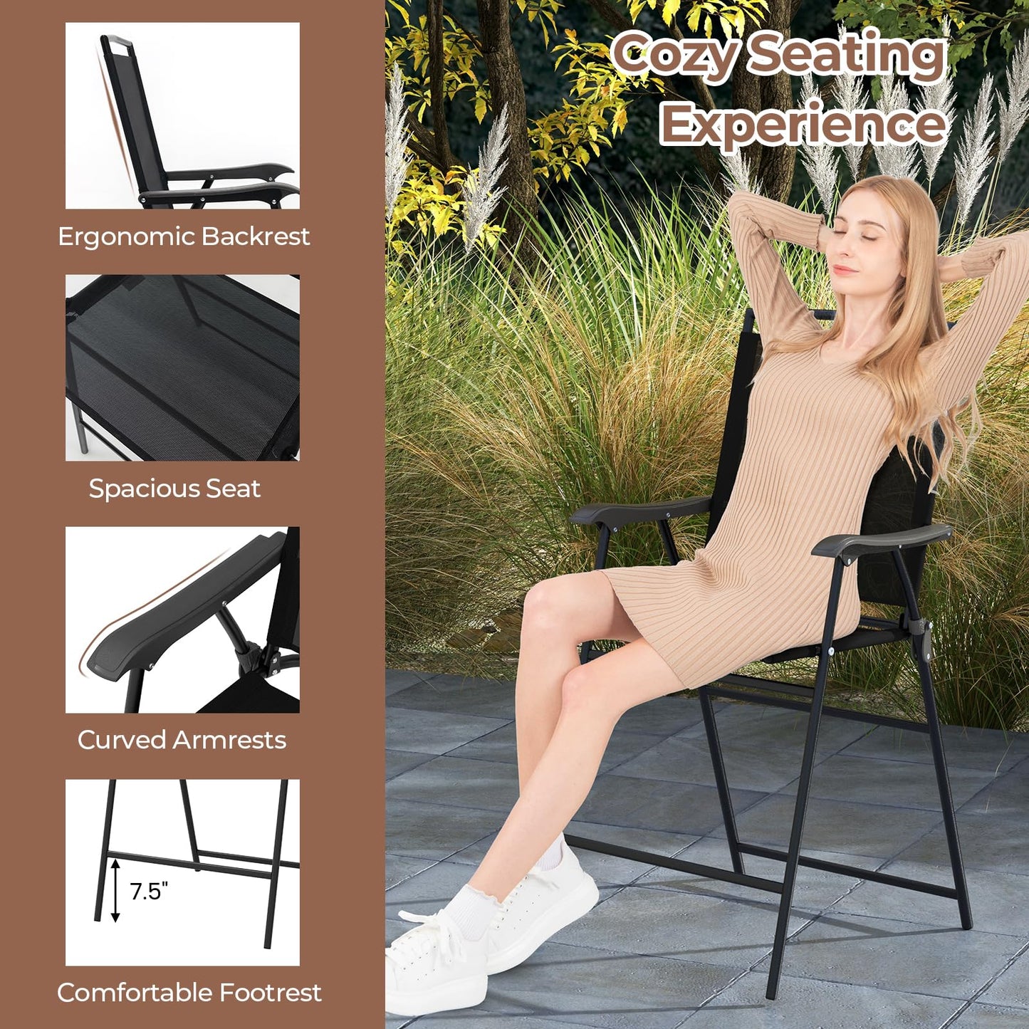 Tangkula 3-Piece Outdoor Bar Set, Counter Height Patio Bistro Furniture Set with DPC Tabletop & Umbrella Hole, Metal Frame Patio Bar Table with 2 Folding Chairs for Poolside, Backyard, Porch, Black