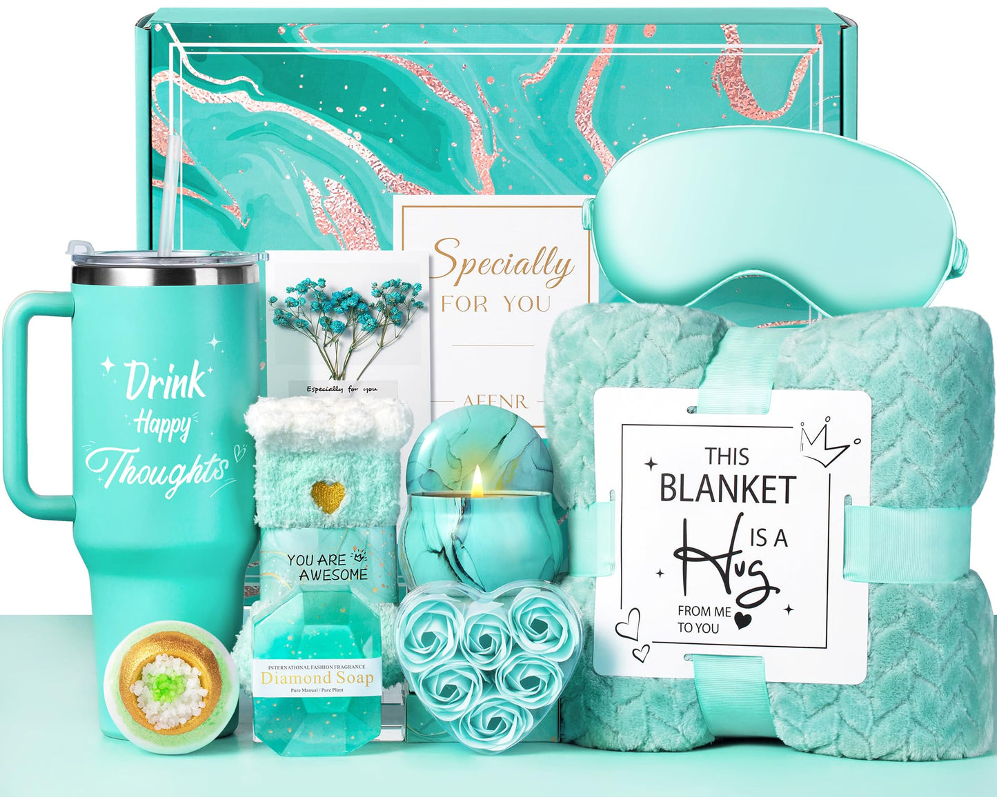 Birthday Gifts for Women, Mothers Day Spa Gifts for Mom from Daughter, Self Care Get Well Soon Gift Baskets for Her Sister Wife Girlfriend Ocean Relaxing Spa Care Package w/Blanket 40 OZ Tumbler