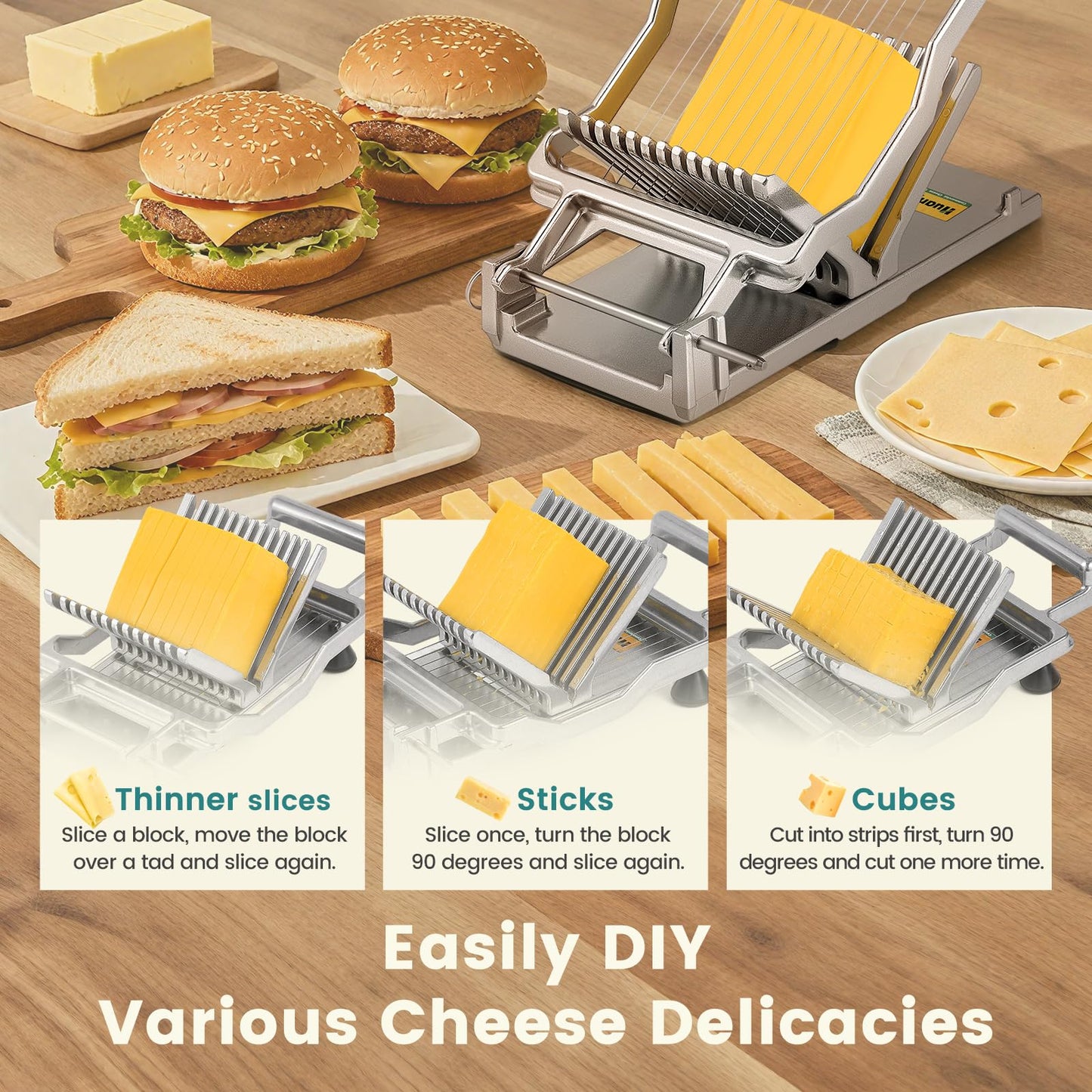Huanyu Commercial Cheese Slicer Butter Cutter with 316 Stainless Steel Wire 3/8 IN&3/4 IN Blades Replaceable Block Cheese Cutting Board Aluminum Alloy Body Home&Restaurant Kitchen Cooking Baking Tool