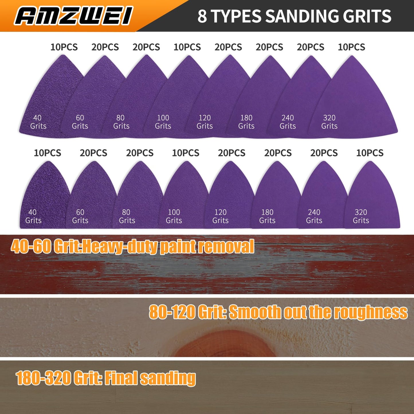 AMZWEI Upgraded 266CS Zirconia Oscillating Tool Sanding Kit with 3 Triangle & 3 Finger Sanding Pads, 260 Detail Sandpapers for Corner Wood Plaster Sanding, Comptatible with Dewalt, Milwaukee, Ryobi