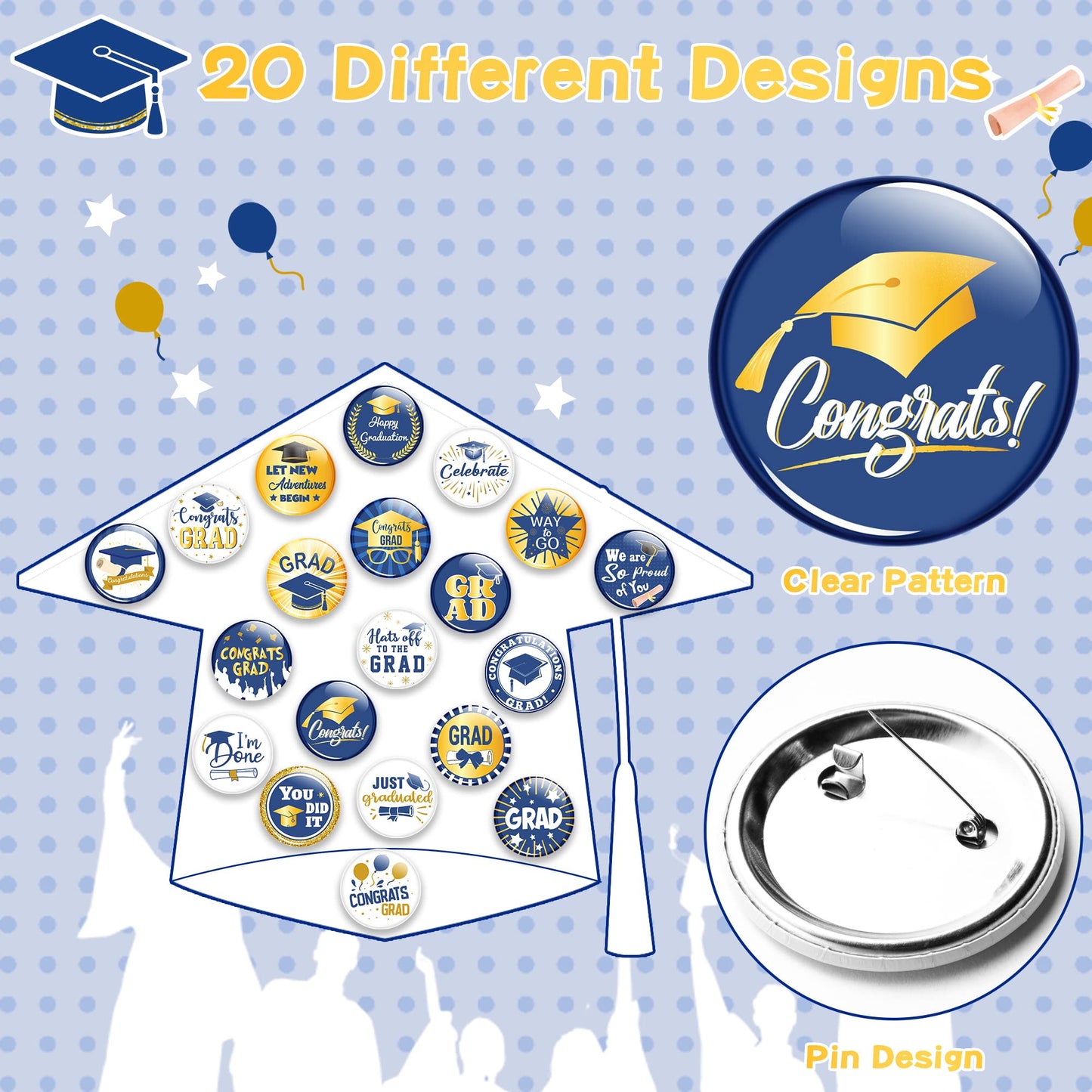 Dvbonike 40Pcs Graduation Button Pins, Class of 2024 Round Badges for Congrats Grad, Graduation Ceremony Party Gifts Supplies Blue and Gold Clothing Bag Decoration for College School Students