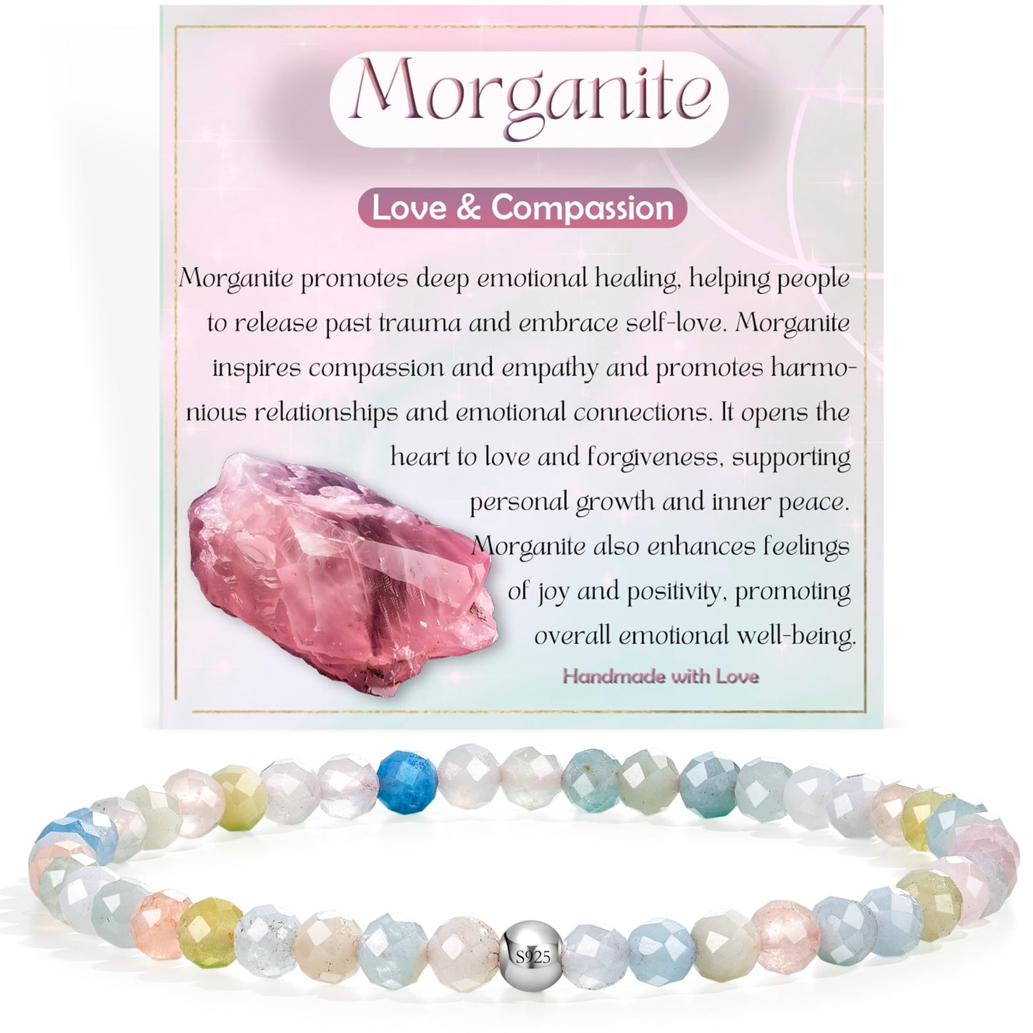 Farfume Morganite - Love & Compassion - Beaded Bracelets for Women,Handmade Natural Stone 4mm Beads 925 Sterling Silver Stretch Bracelets, Chakra Crystal Gemstone Jewelry Gifts for Mom