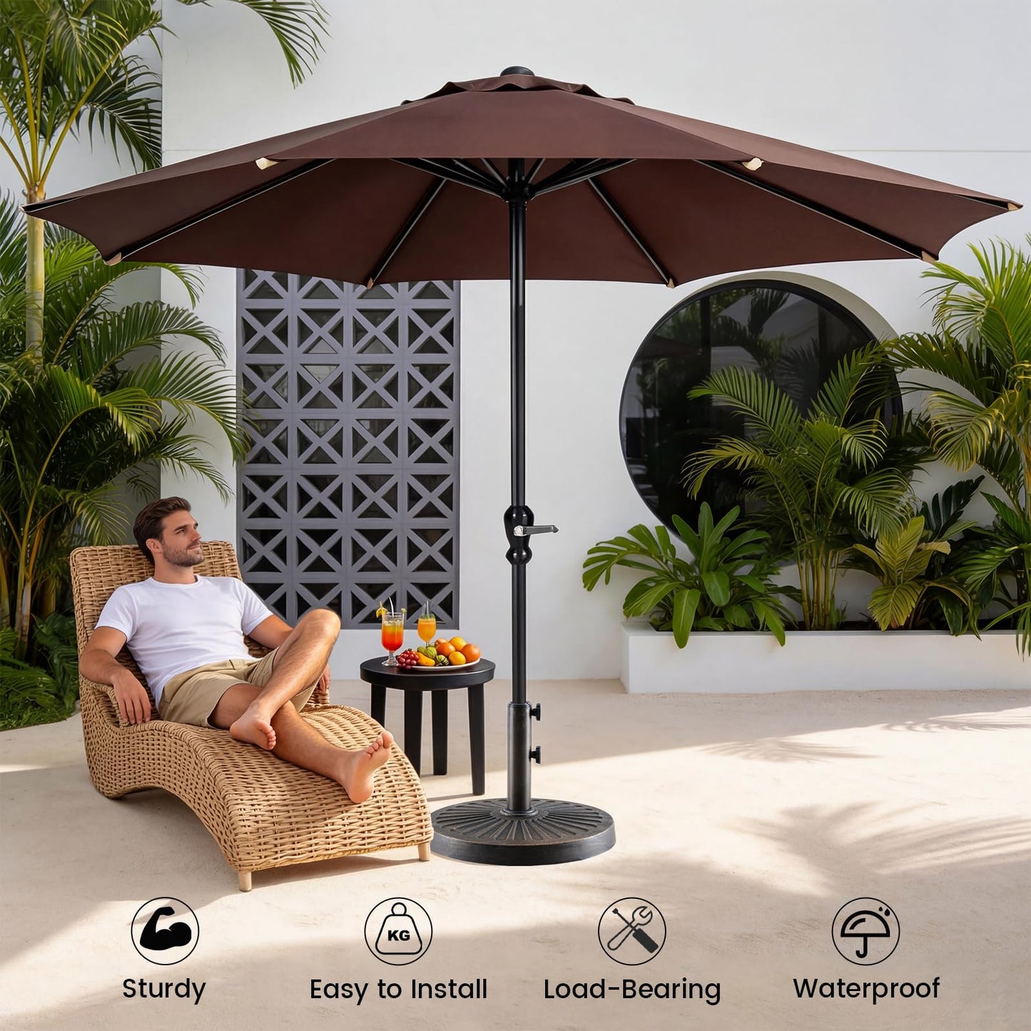 DUMOS 30LBS Heavy-Duty Outdoor Umbrella Base, Weather-Resistant Resin Patio Umbrella Stand, Rust-Proof Coated Umbrella Holder for Garden/Pool/Backyard, 2 Securing Knobs, 2 Pole Adapters, Bronze