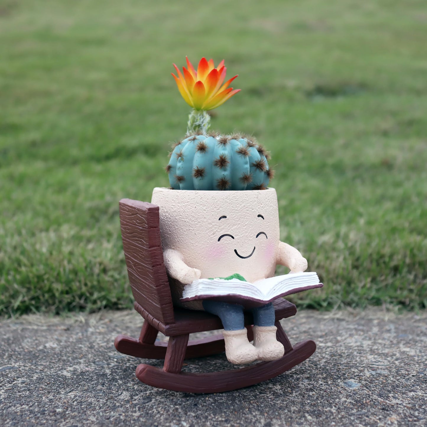 Dolkgy Cute Plant Pots Head Planters, Funny Rocking Chair Reading Book Planter Cactus Face Pot with Drainage Hole for Indoor Outdoor Plants, Unique Plant Lover Gifts