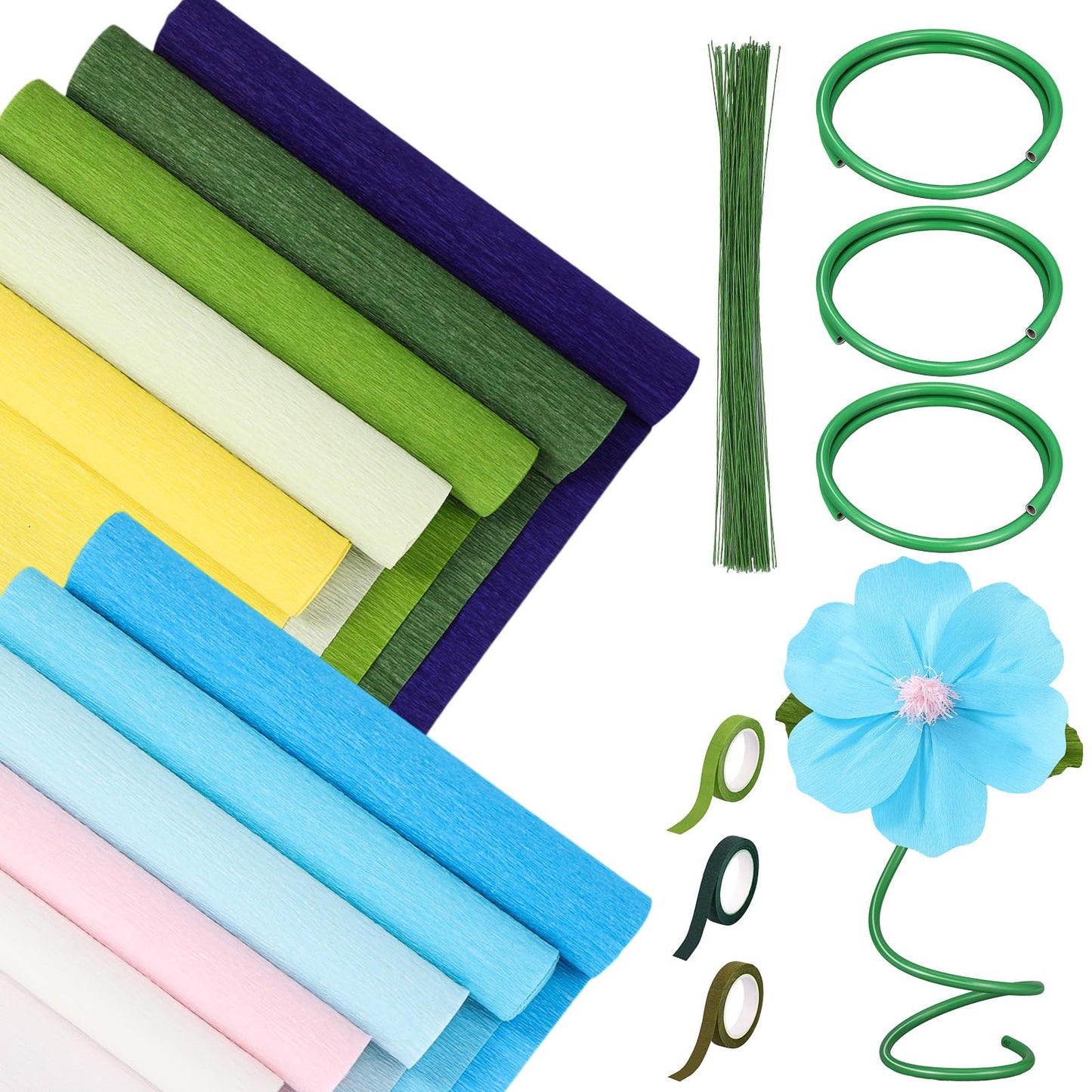 Gilprop 116 Pcs Crepe Paper Flower Stem DIY Kits Set, Include 9.8 x 98 in Crepe Paper Sheet 14.76 Ft Floral Iron Wire for Flower Making Birthday Parties Weddings Festival Decor(Blue)