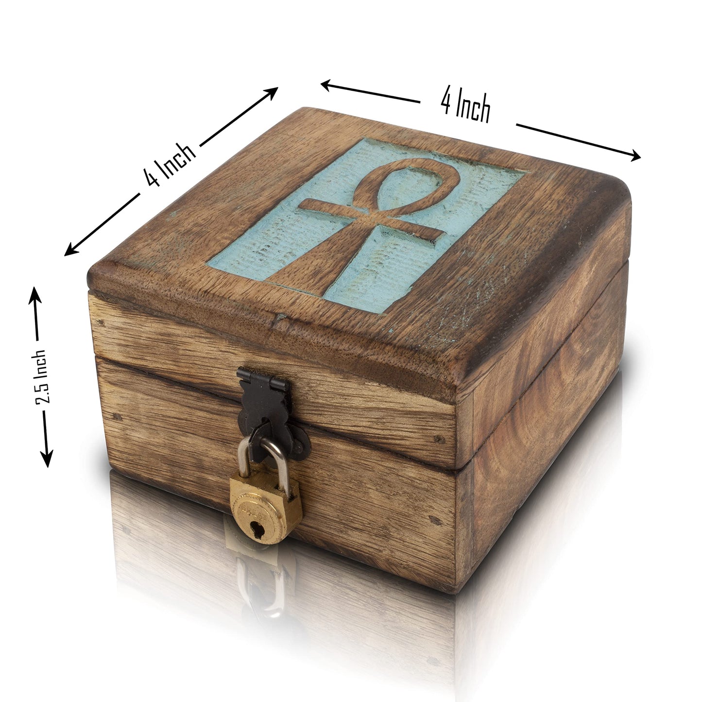 Handmade Decorative Wooden Jewelry Box With Ankh Carving Jewelry Organizer Keepsake Box Treasure Chest Trinket Holder Watch Box Storage Lock Box 4 x 4 Inches Housewarming Gifts (Blue)