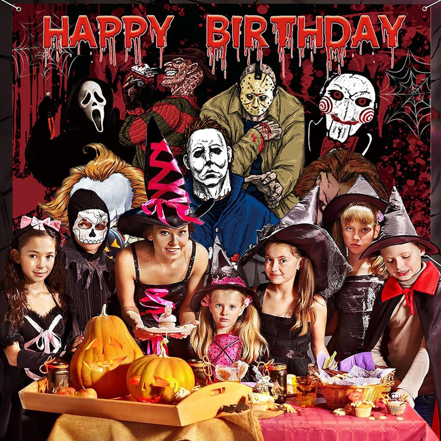 Taeku Horror Birthday Party Decorations – 50 Pcs Halloween Theme Kit with Banner, Balloons, Cake Toppers, Backdrop & Tablecloth – Scary Party Supplies for Kids & Adults