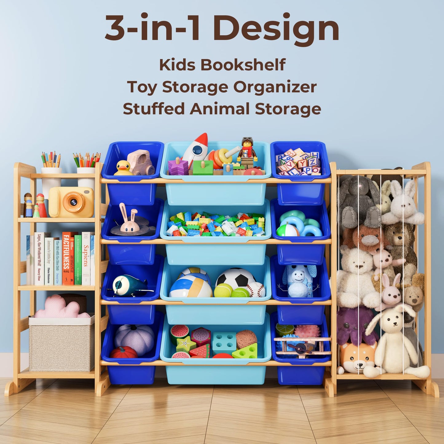 Toy Storage Organizer with Bookshelf and Stuffed Animal Storage - Kids Playroom Organization with Shelves and 12 Toy Bins - Toddler Living Room Toy Box for Lego - Nursery Bedroom Decor Essentials