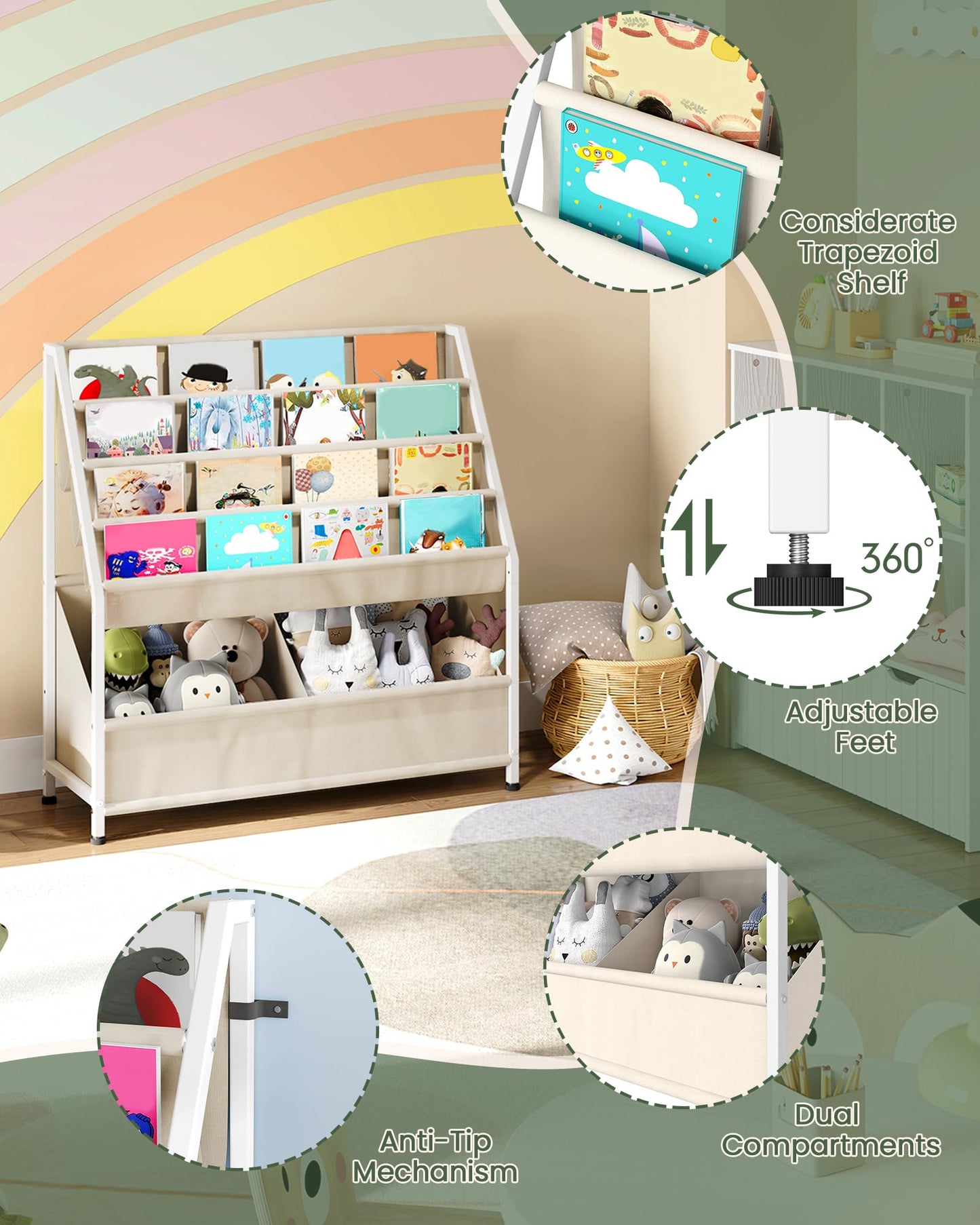 CHOEZON Kids Bookshelf, 4-Tier Bookshelf for Kids, Large Capacity Book and Toy Storage Organizer, Toddler Book Shelf for Kids Room, Nursery, Playroom, Beige TCW09WM