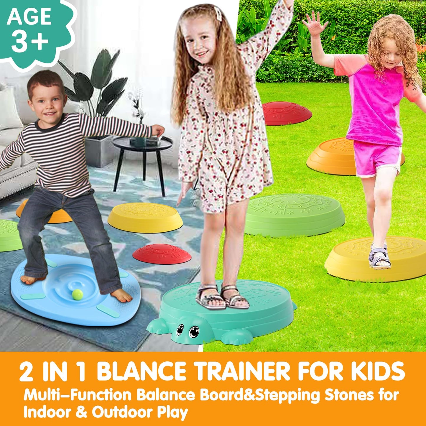 HAPATOYS Balance Board & Stepping Stones for Kids - 2-in-1 No-Slip Turtle Stepping Stones and Balance Board for Toddler Balance & Obstacle Course, for 3 4 5 6 Year Old Kid Indoor & Outdoor Play