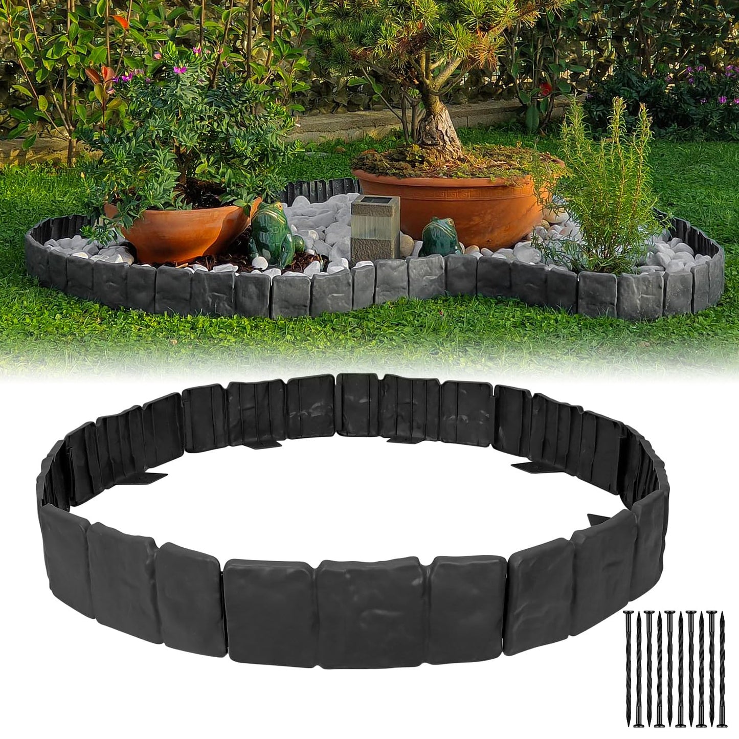 Garden Edging Border NO DIG, with Landscape Edging Anchoring Spikes, Black Stone Effect Plastic Lawn Edging Fencing, Interlocking Yard Lawn Edging for Flower Bed | 16 Ft | 20Pcs | Black |