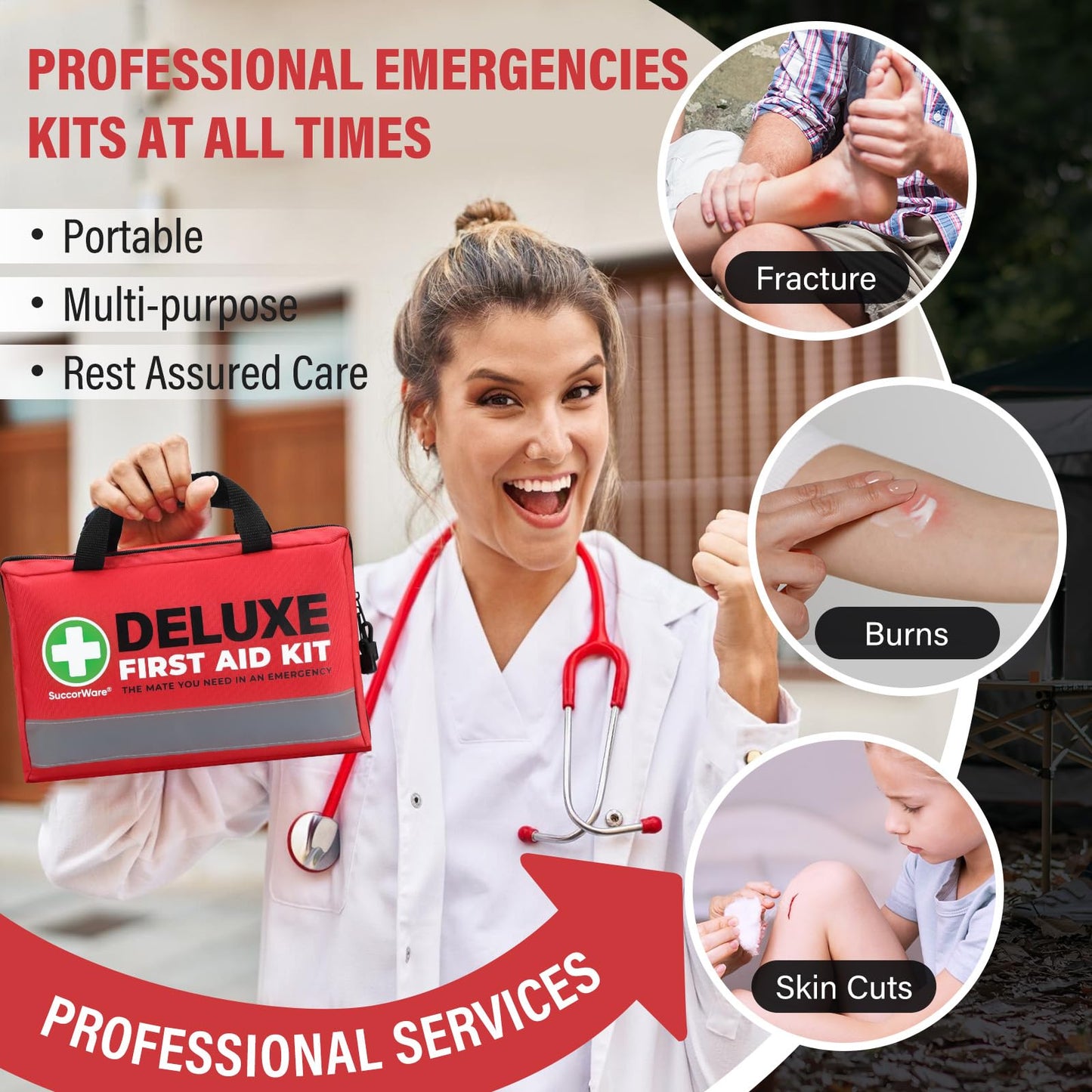 SuccorWare 380 Pieces Deluxe First Aid Kit Compact Trauma Medical Kits with Assorted Bandages, Instant Cold Pack, Emergency Blanket for Home, Travel, Camping, Vehicle, Emergency Kits(Red)