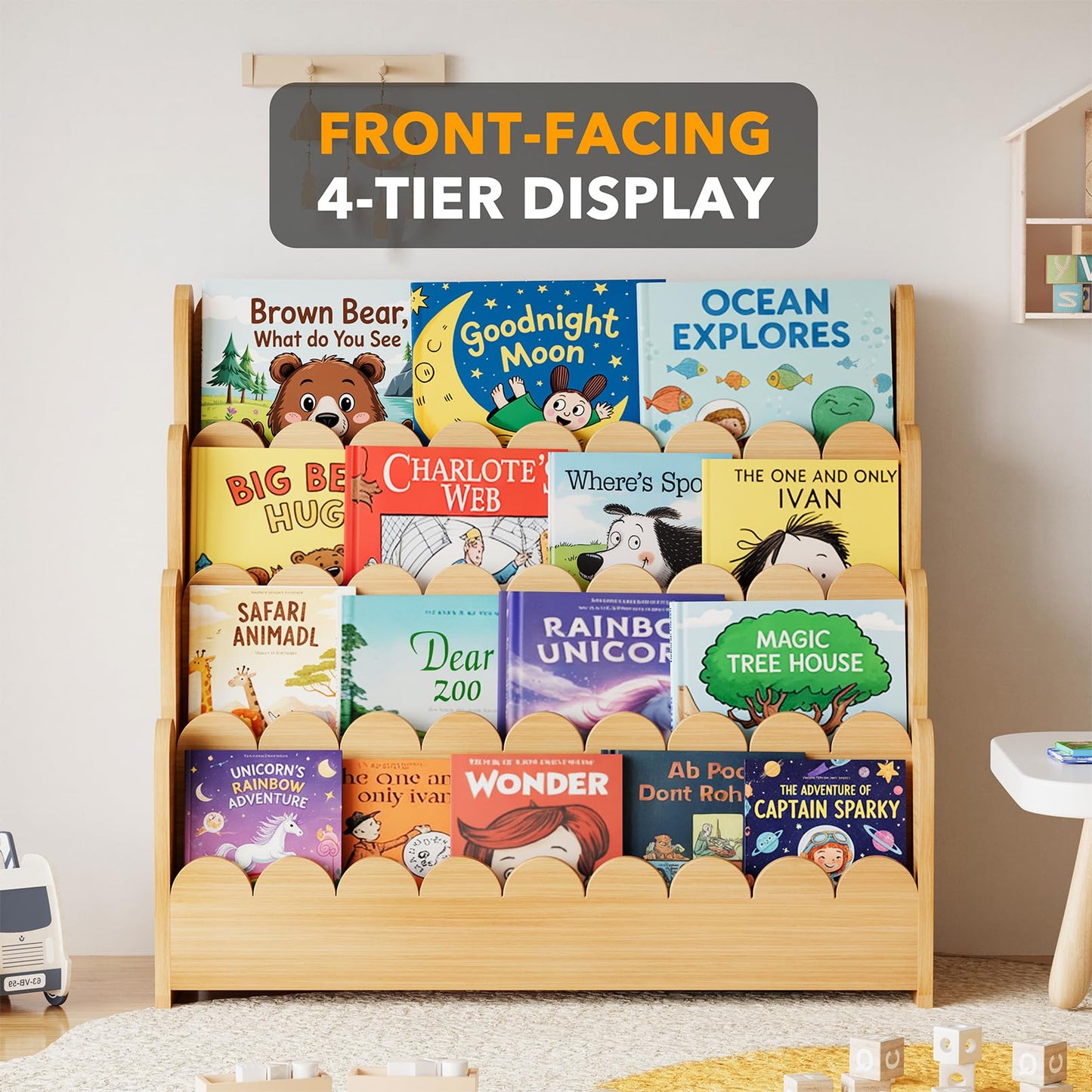 SpaceAid 4-Tier Scalloped Bookshelf, Montessori Bookcase for Toddlers, Wooden Book Shelf Organizer Display Furniture for Kids Rooms, Playroom, Nursery and Classroom, 29.6“ Wide, Natural